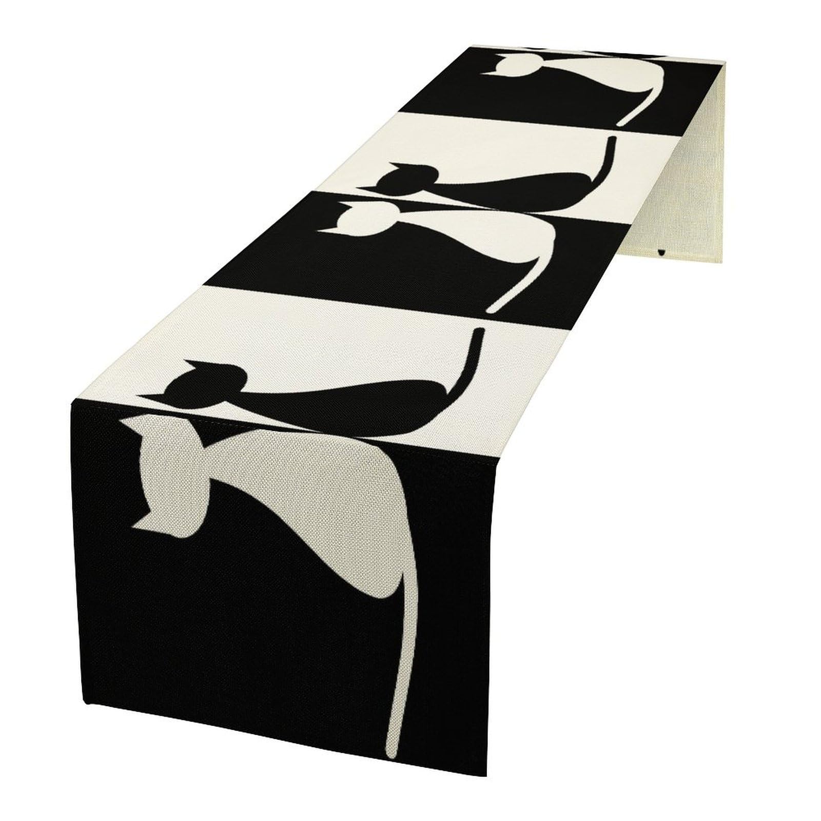 Cartoon Cat Table Runner, Black and White Minimalist Style Abstract Cartoon Patchwork Cat Plant Table Decor Table Top Dining Kitchen Wedding Party