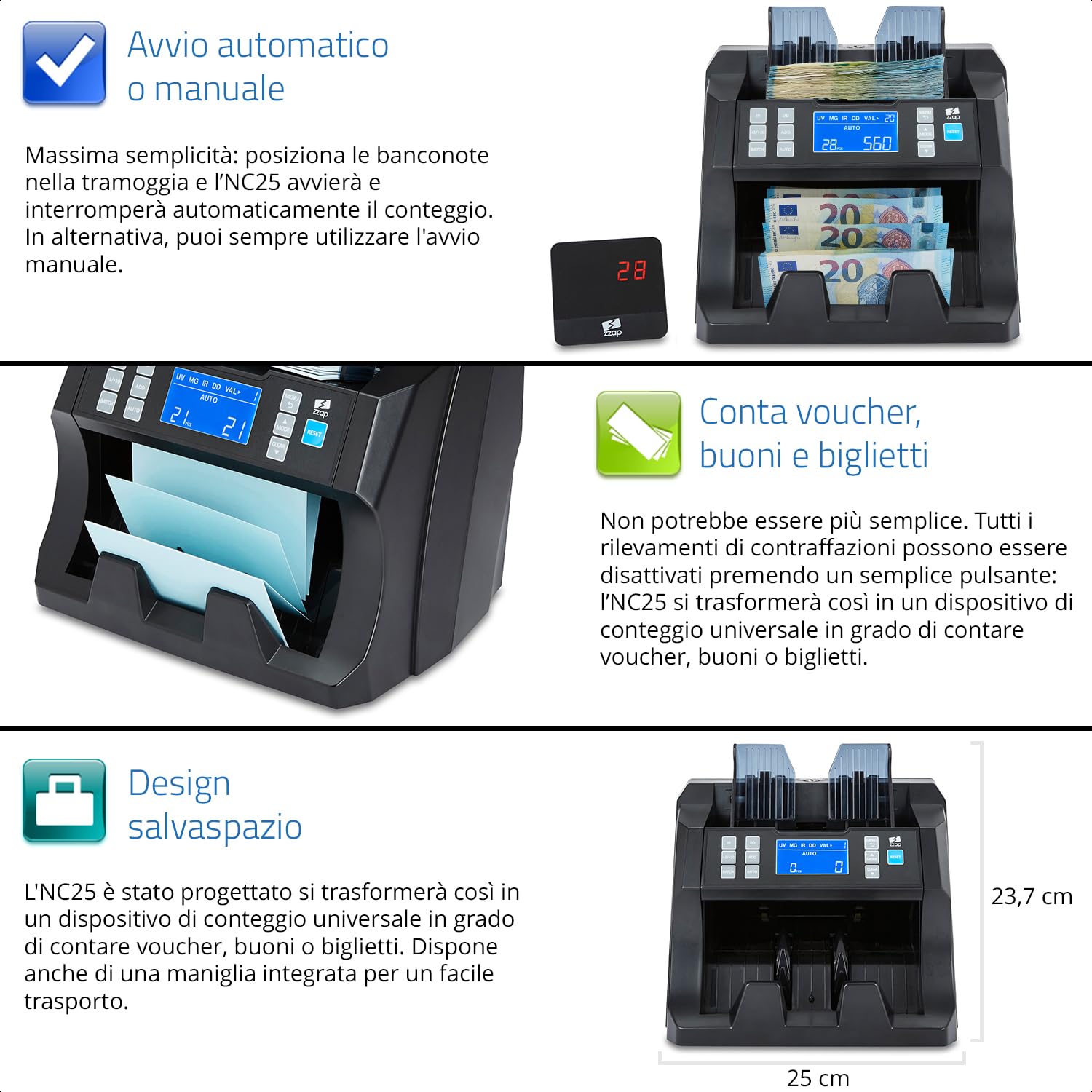 ZZap NC25 Contabanconote e Verificatore di Banconote False - Macchina Conta Contanti