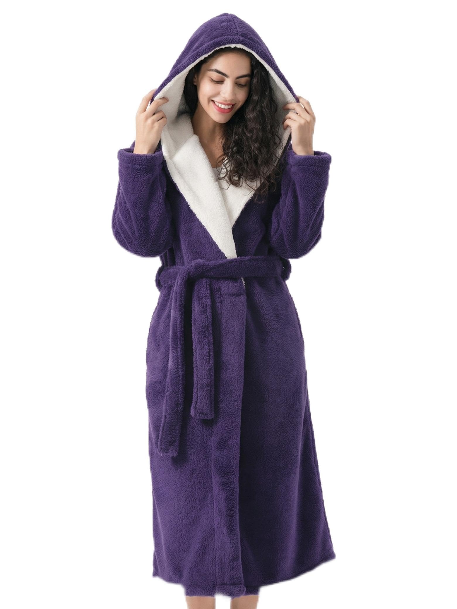 DAVID ARCHY Plush Robes for Women Warm Thick Fleece Fluffy Luxury Cozy Soft Hooded Bathrobe Winter House Full