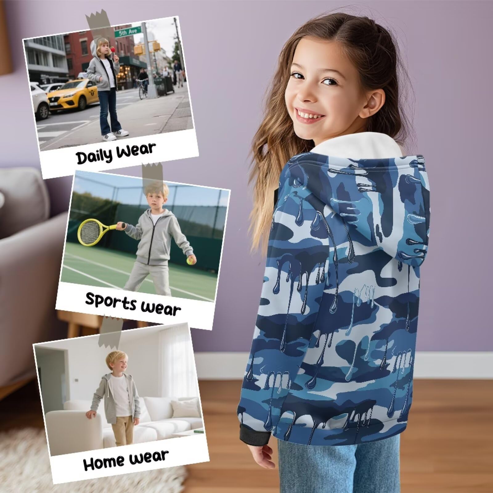 Xoenoiee Dziecięce bluzy z kapturem dla chłopców, zapinana na zamek, bluza 3D, fajna grafika zwierzęca, sweter z długim rękawem, top na jesień i zimę, Niebieski kamuflaż, 12-14 Years