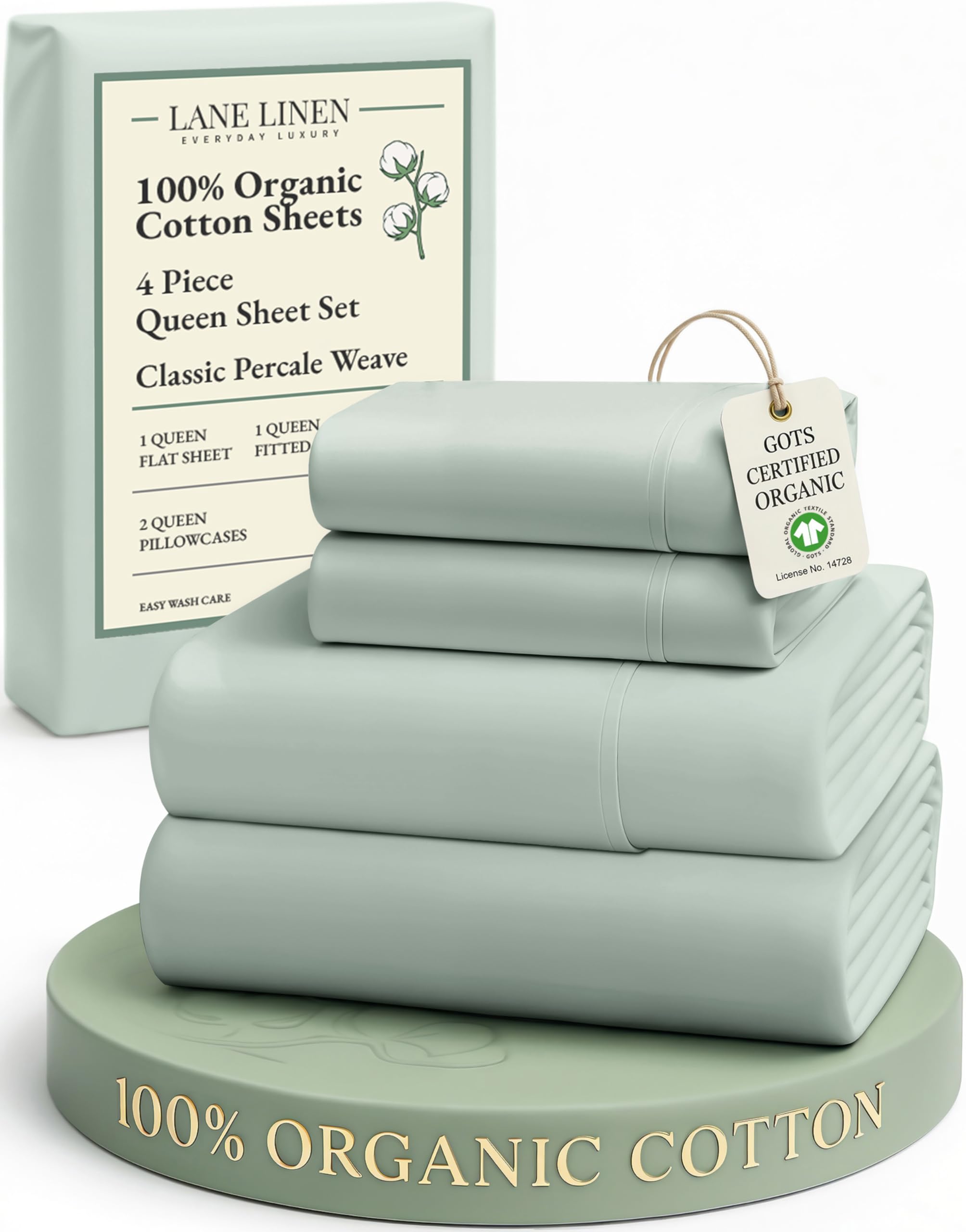 LANE LINEN 100% Organic Cotton Sheets Set, Pure Organic Cotton Long- Staple Percale Weave Ultra Soft Best- Bedding Sheets for Bed, GOTS Certified, Fits Mattress Upto 17" Deep Pocket Queen Blue