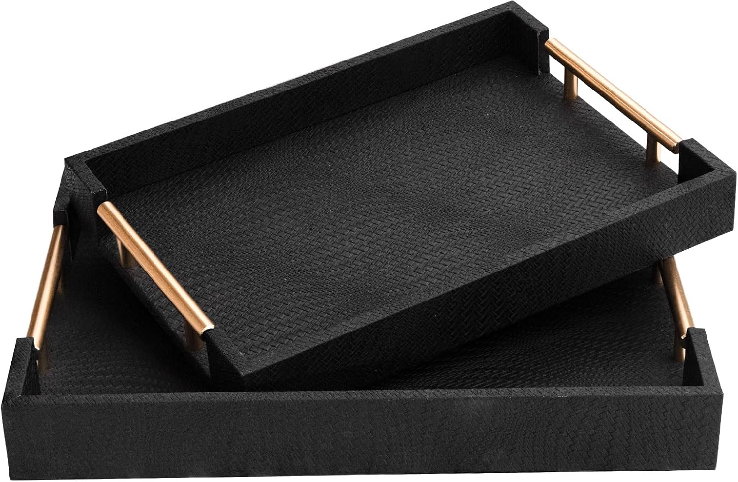 2 Piece Woven Leather Ottoman Tray with Gold Handles, Perfect Rectangular Serving T...