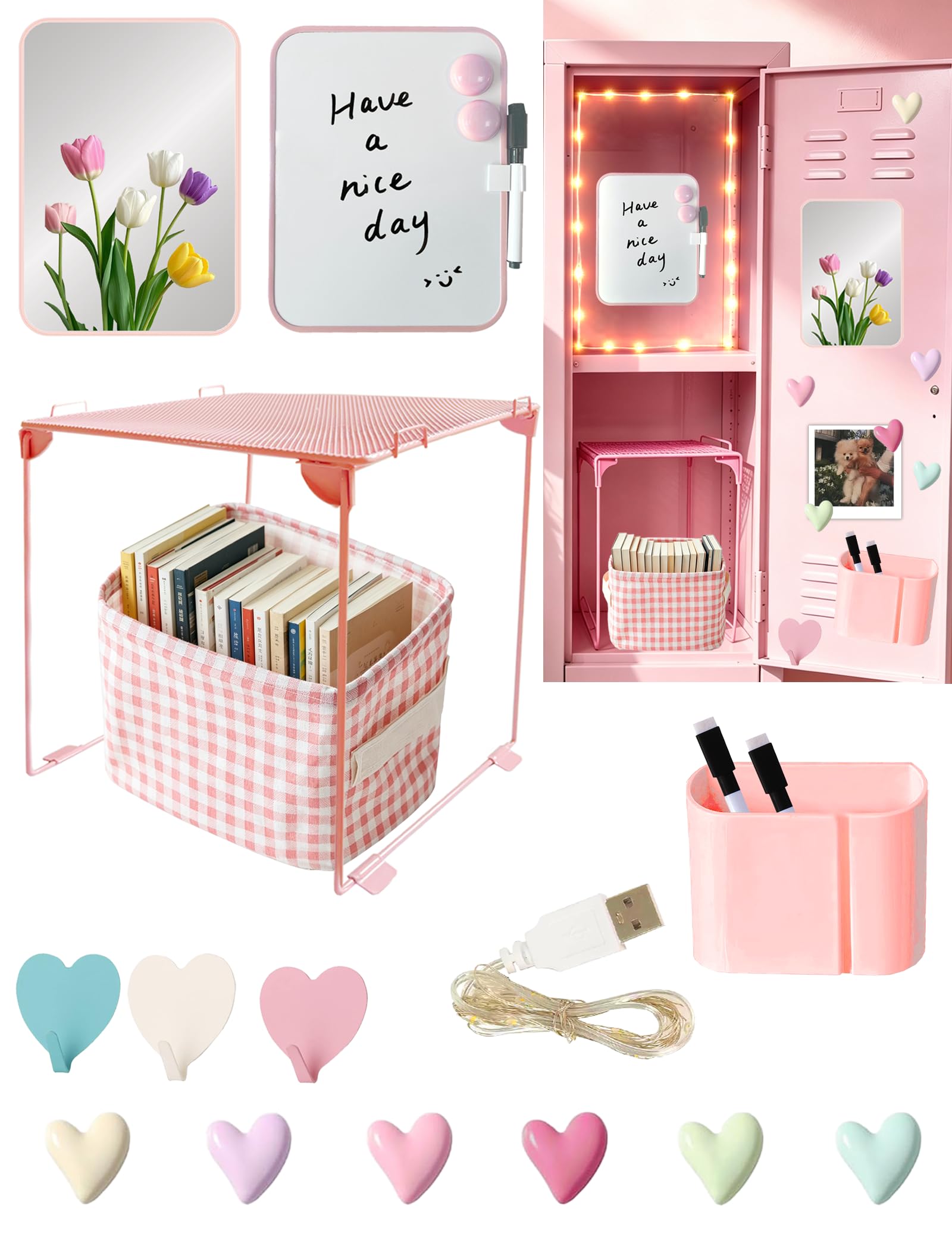 Pink Locker Accessories Kit for Girls with Locker Shlef, Magnetic Locker Mirror & Whiteboard, Storage Basket, Hook, Magnets, 17 Piece Locker Organizer & Decor for Work, Back to School Essentials-image-12