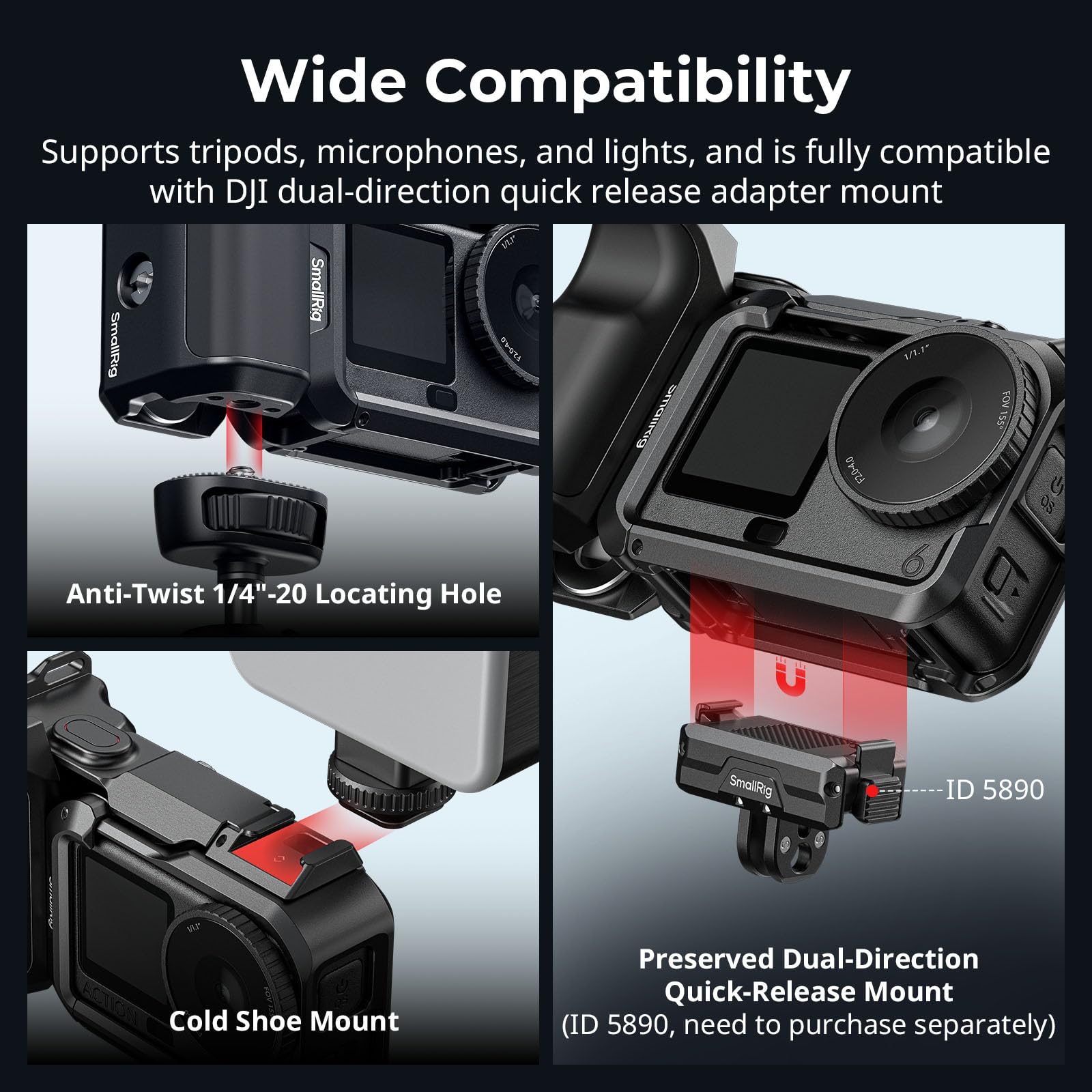 SMALLRIG Griff-Kit für DJI Osmo Action 6 mit Metallkäfig, Street Photography Griff, Auslöser, Kaltschuh, Handgelenkband, Objektivabdeckung, 1/4 Gewindeloch