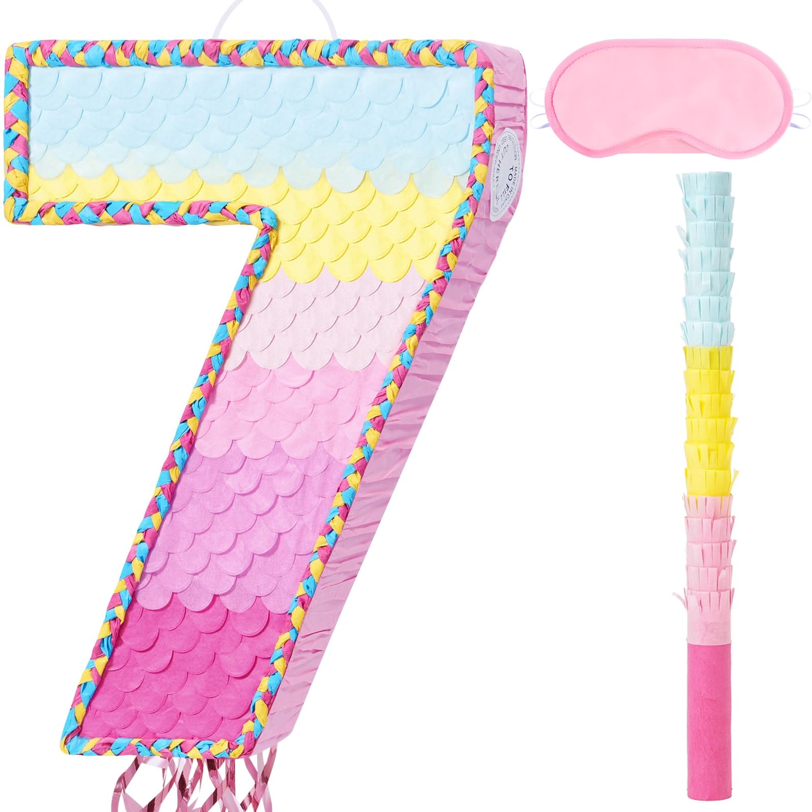 WERNNSAI Number 7 Pinata – Pink 7th Birthday Party Decorations Rainbow Ombre Seven Pinata for kids girls with Blindfold and Stick for 7 Year Birthday Supplies Princess Anniversary Decoration — image 1