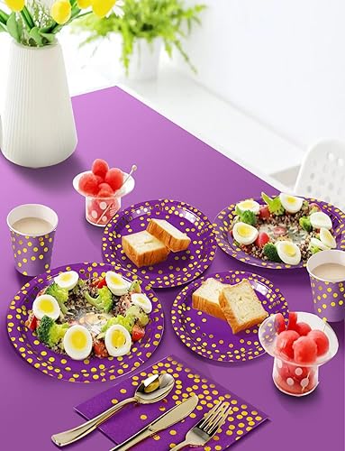 Miniatura 5 de 141 piezas de suministros de fiesta de oro morado, los juegos de vajilla de fiesta incluyen platos de papel, servilletas, tazas y cubiertos, para