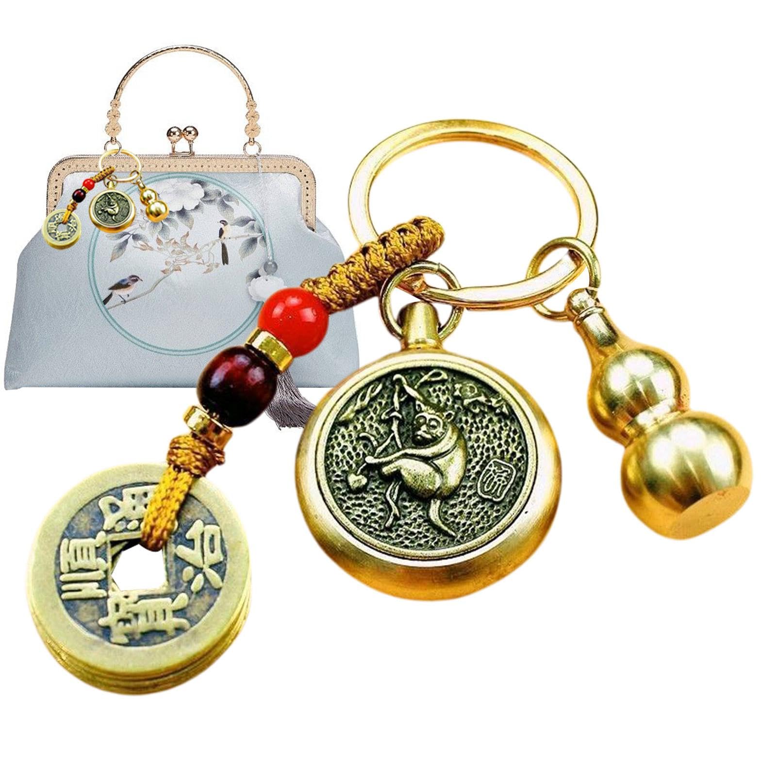 Dirfuny Chinese Feng Shui Keychain Brass Gourd Keyring Chinese Gourd Brass Keychains Feng Shui Decorations Pendant Key Rings for Good Luck Fortune