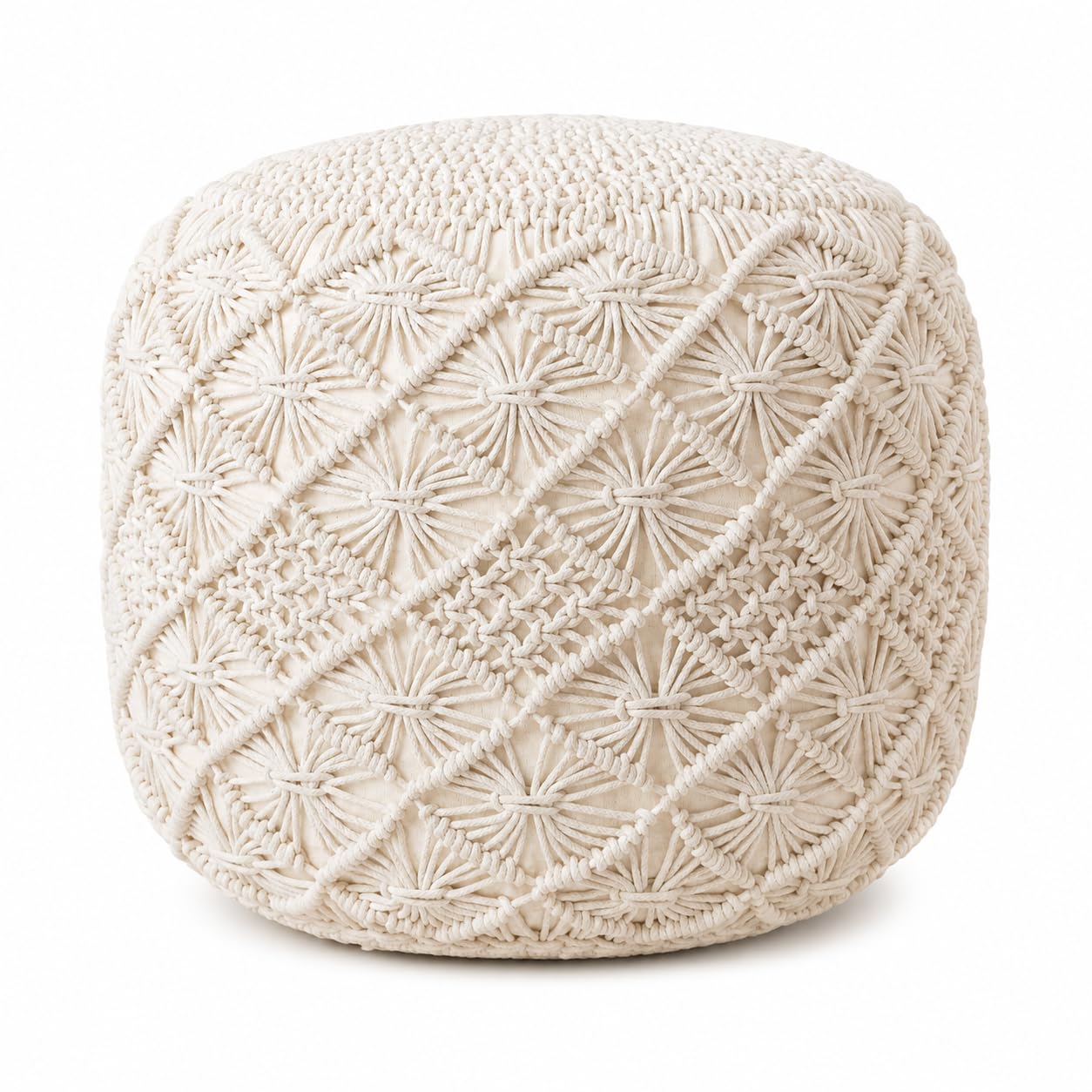 Handmade Macrame Pouffe Ottoman for Living Room, Cotton Rope Floor Cushion Stool, Boho Knitted Footrest Seat Pouf for Bedroom Balcony & Home Decor, Off White, 40x35 CM-image-38