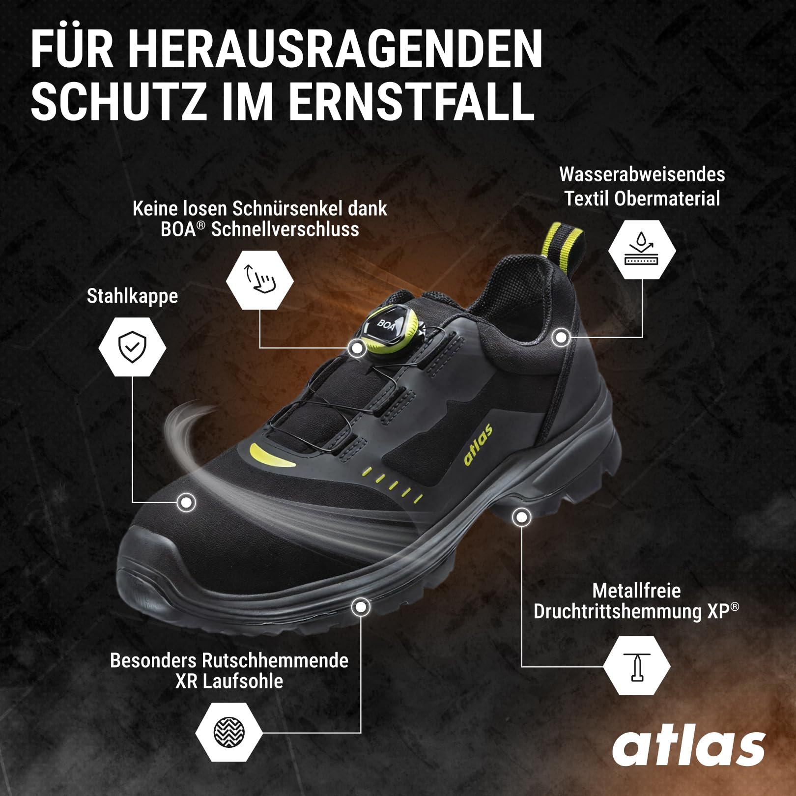 Atlas BOA Force Low S3 Sicherheitsschuhe, Arbeitsschuhe Herren mit Stahlkappe, Durchtrittsicher, ESD, BOA Fit System, Weite 10