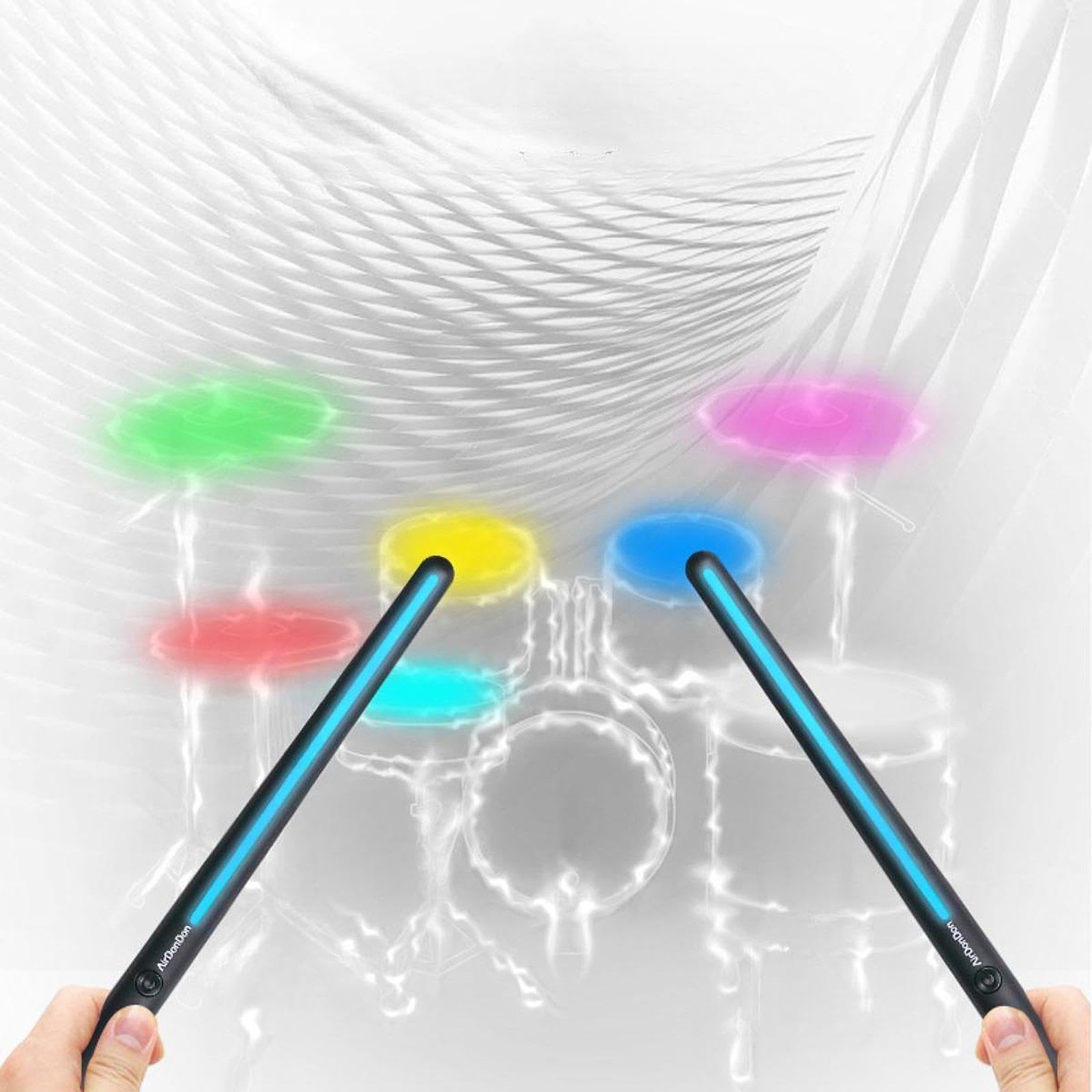 2 Stück Elektronische Drumsticks Air Drumsticks Rhythmus Schlagzeug Tragbar Aus PP Material mit Pedalen für Musikliebhaber Anfänger Erwachsene Kinder, Konverter 2 Pedale