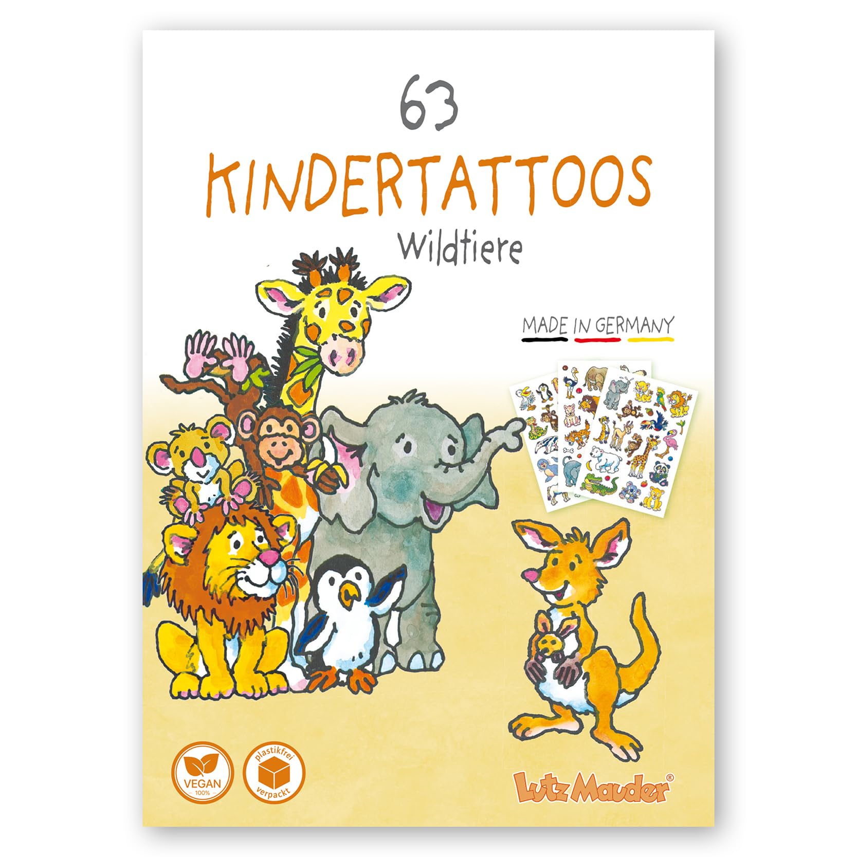 Lutz Mauder 63 hautfreundliche Kinder Tattoos, Wildtiere, Zoo, Safari, Giraffe, Elefant, Löwe, Kindertattoos MADE IN GERMANY, Tattoo Kinder, Vegan, plasikfrei verpackt, unbedenklich