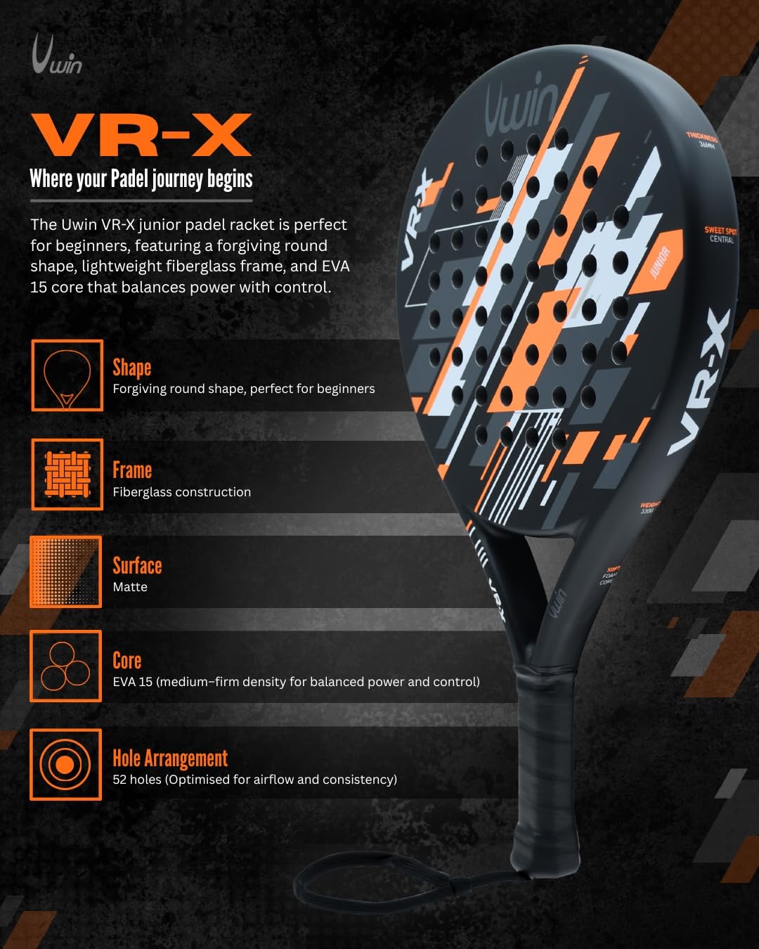 Uwin VR-X Junior - Racchetta da padel per bambini, telaio in fibra di vetro leggera, anima morbida EVA 13, forma rotonda con punto dolce centrale, finitura opaca, arancione, bianco, grigio