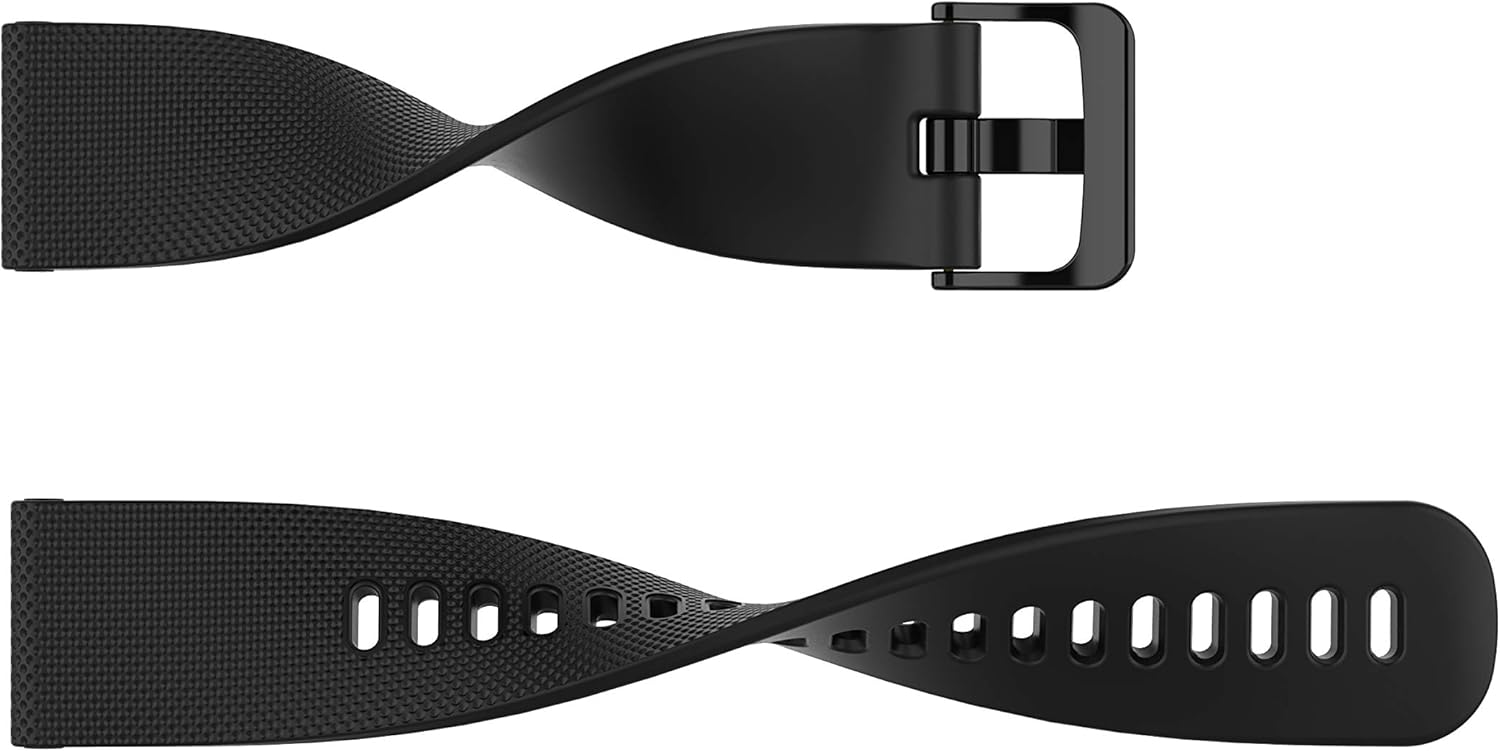 Close-up of a black silicone watch band showing texture and buckle