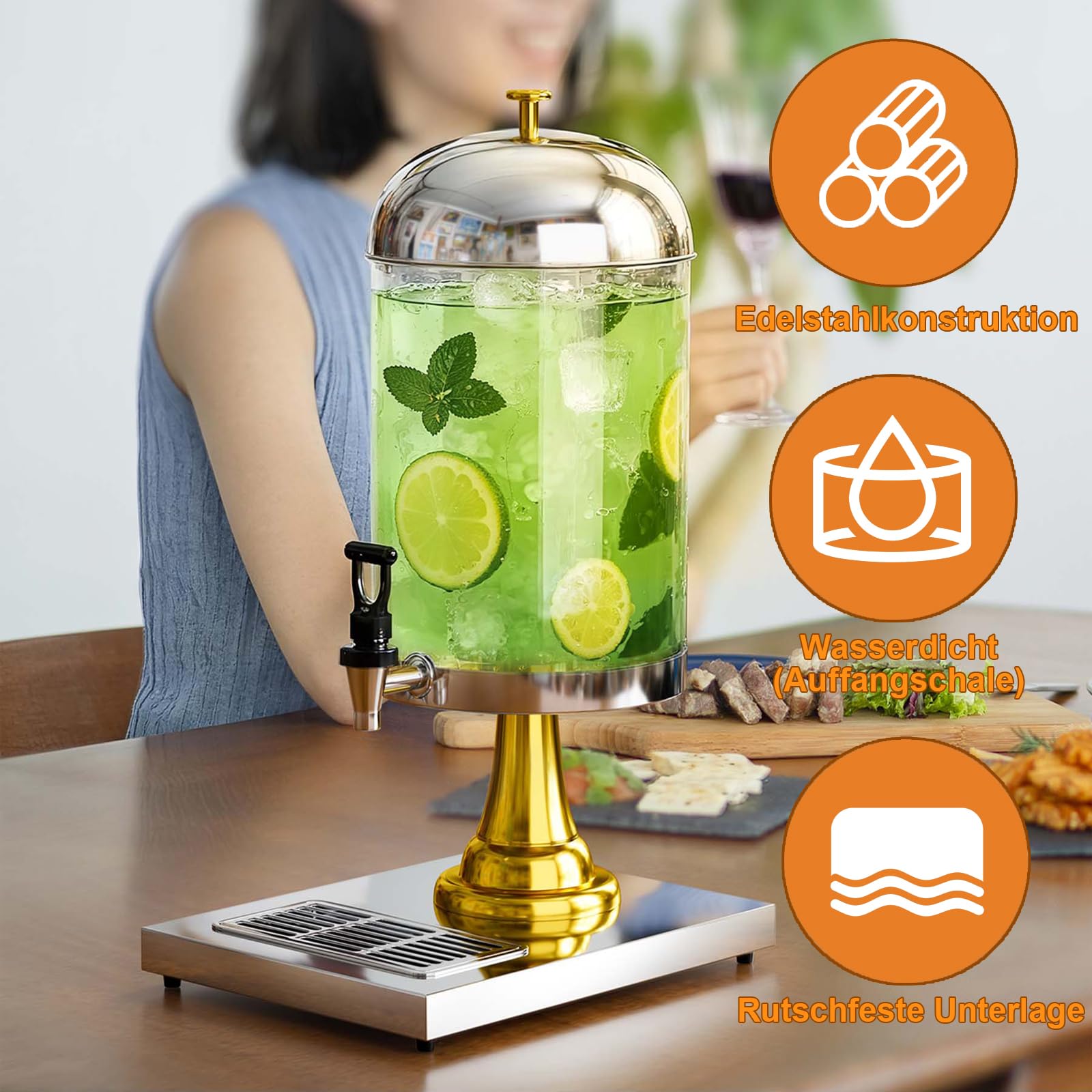 MYOYAY Saftspender mit Kühlelement Saft-Dispenser 8L Getränkemaschine mit Basis und tropfsicherem Zapfhahn Edelstahl Getränkedispenser für Speisesaal Party und Küche