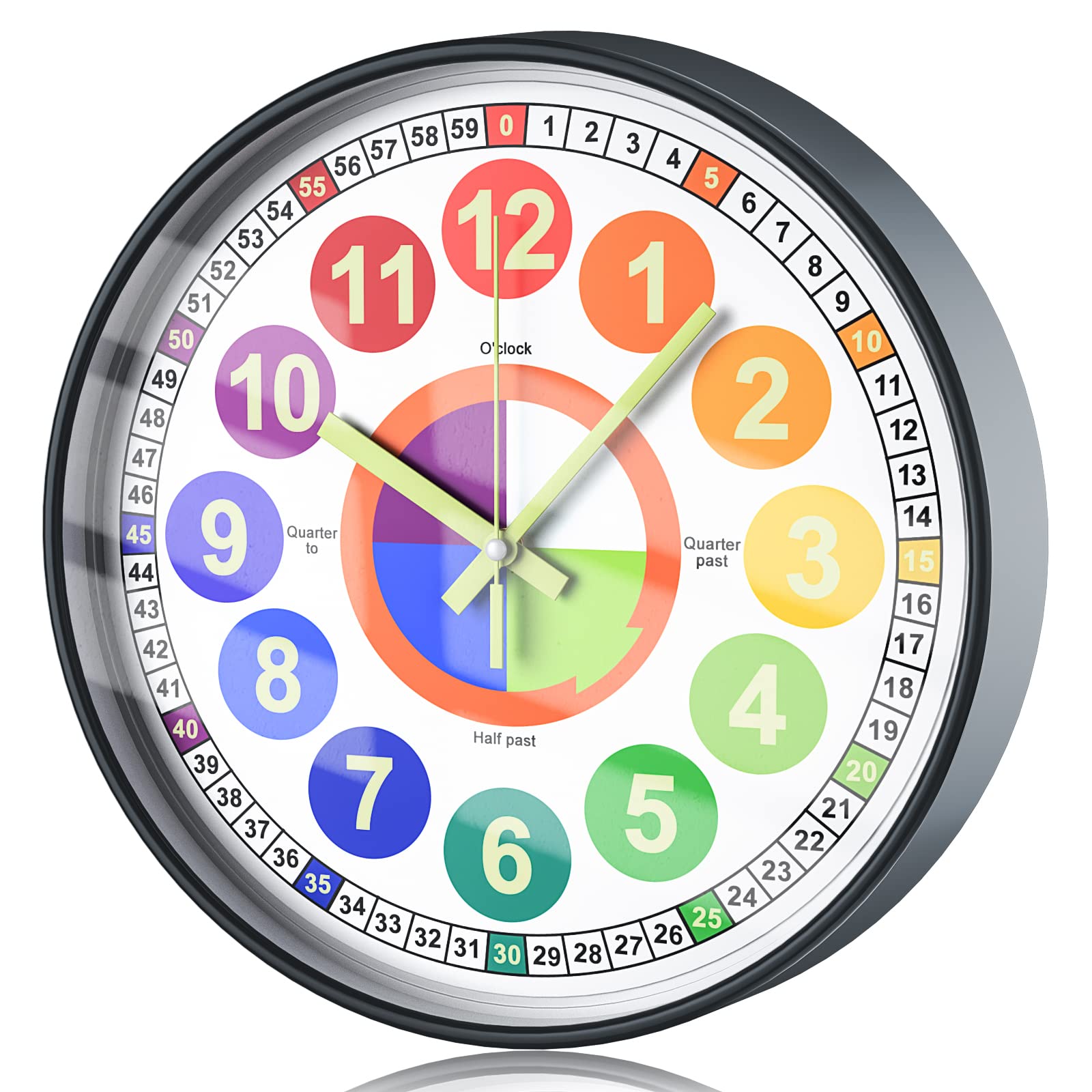 October Elf Kids Teaching Wall Clock, 12 Inch Silent Wall Clock for Kids Learning Time, Rainbow Dial Quarter Markers, Telling Time Teaching Clock, Girls Boys Children Room Decor