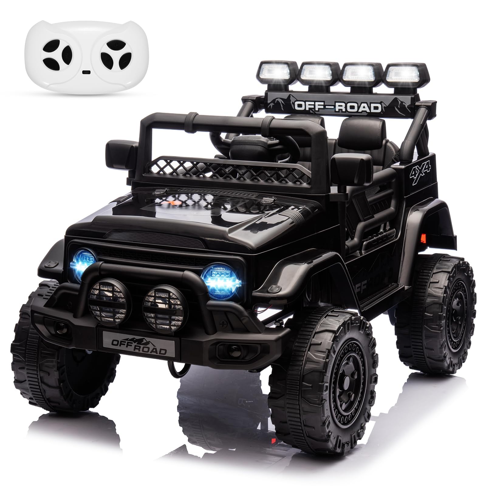 Zstar Coche Eléctrico Infantil de 12V, con Mando Remoto 2,4G Vehículo Jeep Off-Road con Mando Remoto, Lucas LED y Sonido, para Niños 3-6 Años, Regalo Juguete, Negro 102 × 66 × 65 cm