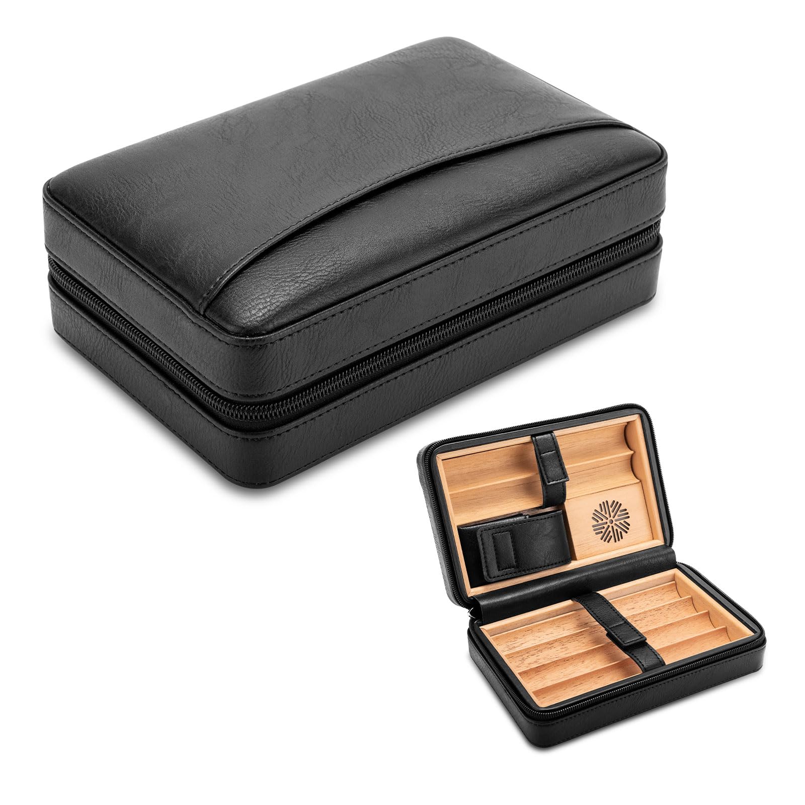 CIGARLOONG Portasigari in pelle portatile con interno in legno di cedro e umidificatore, contiene 6 sigari, ideale per appassionati di sigari (nero)