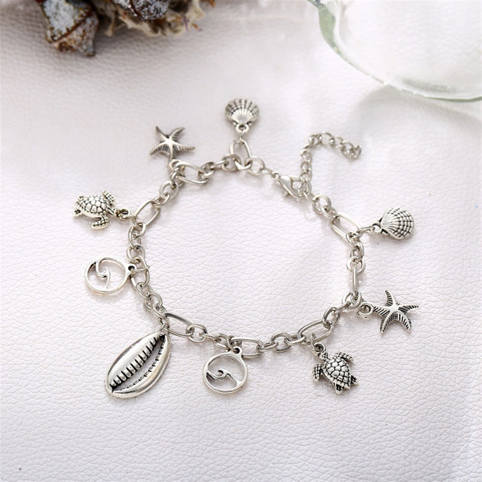 Fußkettchen für Damen, silberfarben, Strand-Design, Fußkettchen mit Muscheln und Schildkröten-Anhängern, Beinkette, Fußkettchen für Damen, Schmuck, Accessoires, Fußkettchen für Damen
