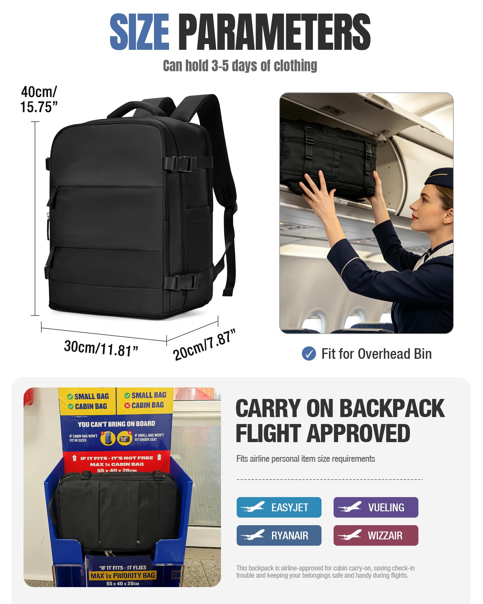 SZSYCN Mochila con Bomba al Vacio Viaje Cabina Avion 40x30x20 Bolsa de Cabina Ryanair 40x30x20 Wizzair Maleta Avion Equipaje de Mano Easyjet Hombres y Mujeres Mochila para Portátiles 16 Pulgadas