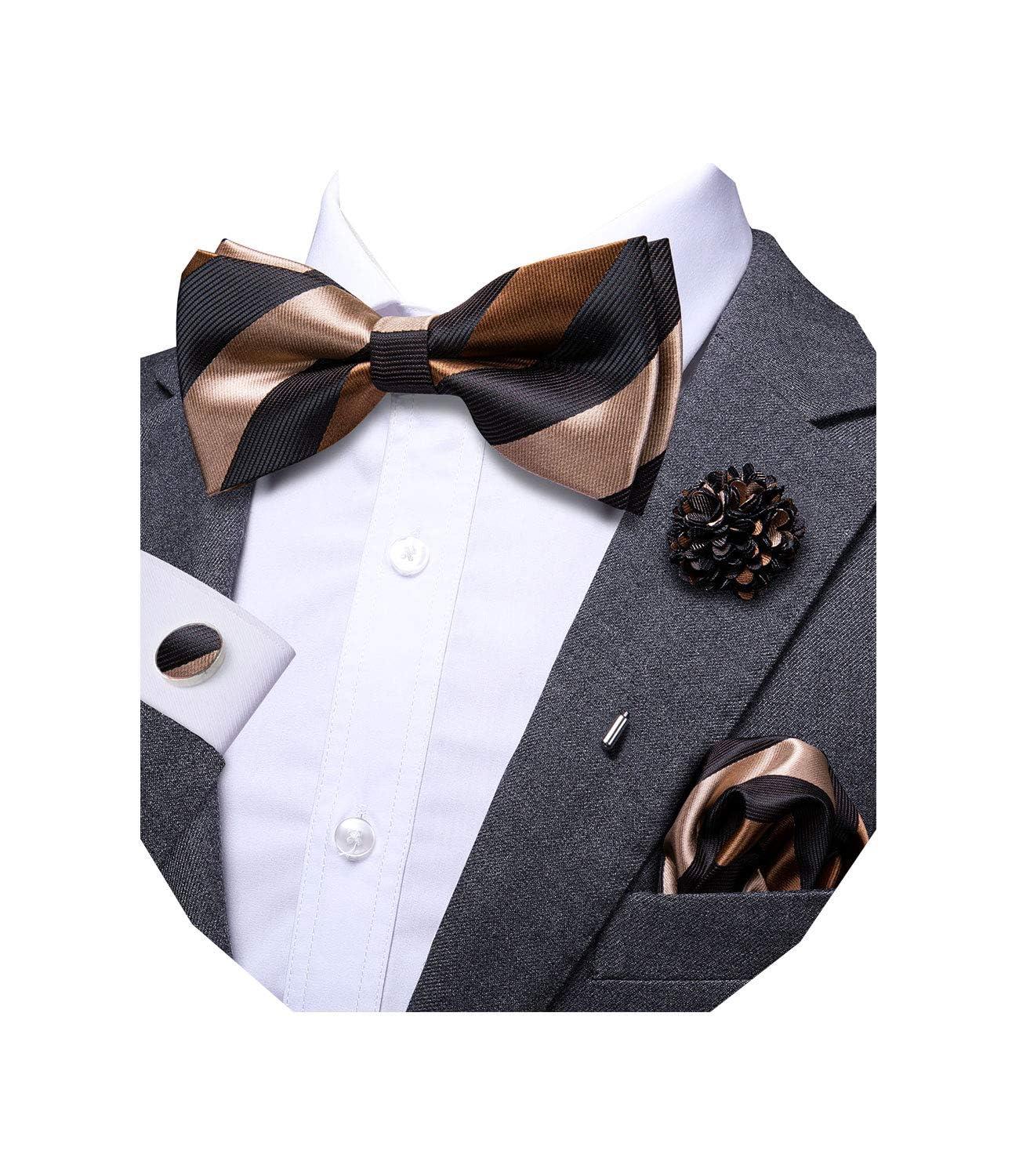 Dubulle Mens Paisley Striped Bowtie Set Pre-tied Bowtie for Men and Pocket Square Set Wedding Business