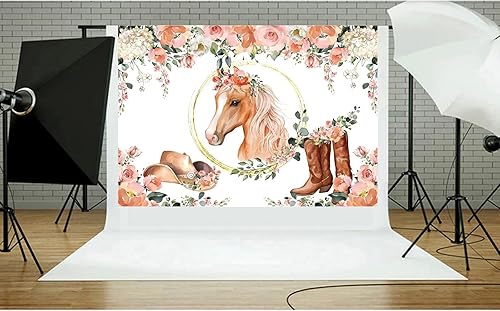 Miniatura 5 de Fondo de cumpleaños para fiesta de caballo de vaquera de 7 x 5 pies, suministros de decoración de fiesta de baby shower, anillo dorado, hoja de