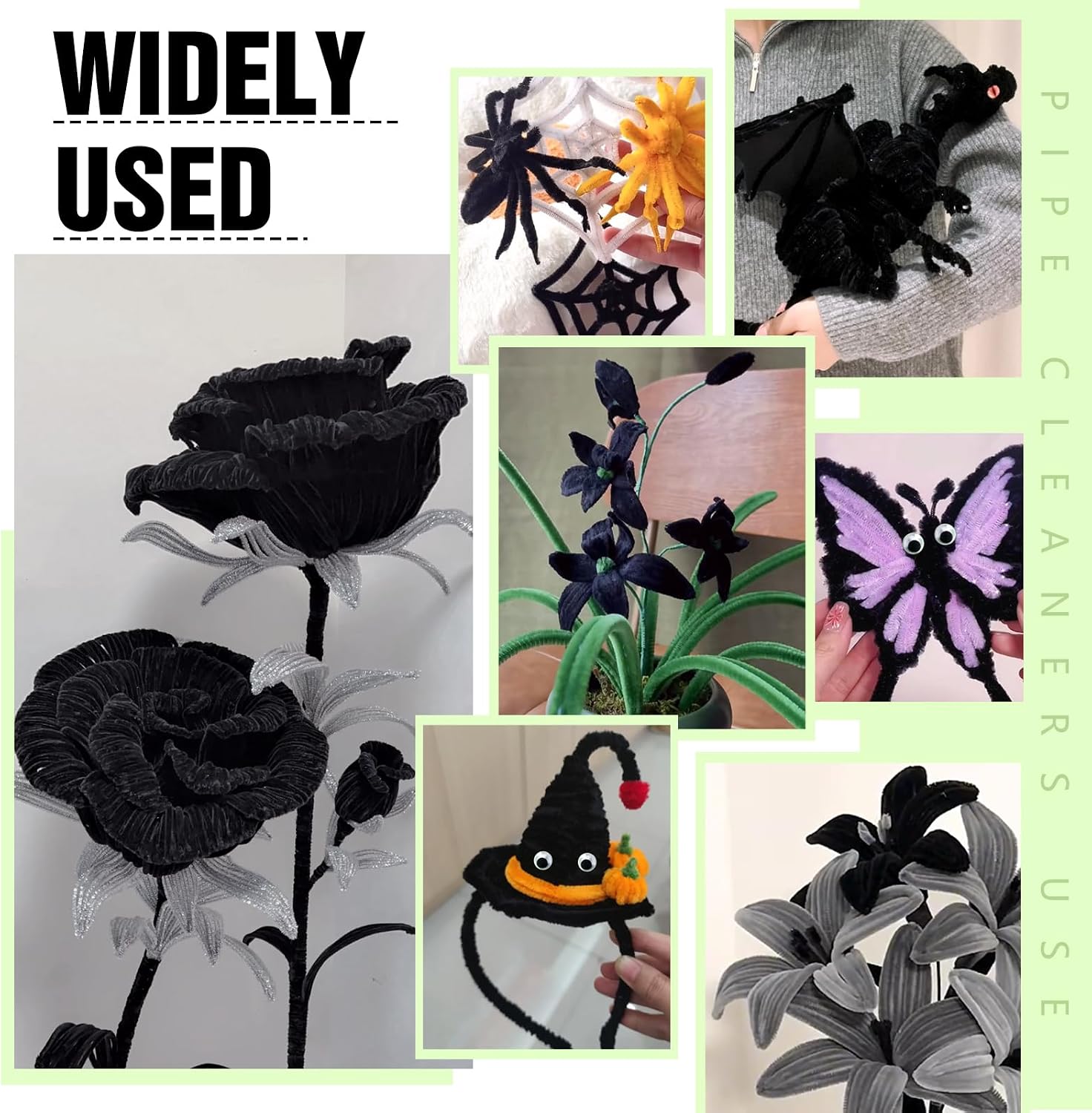 TOAOB 50pcs Long Pipe Cleaners Black Overlength Thick Chenille Stems