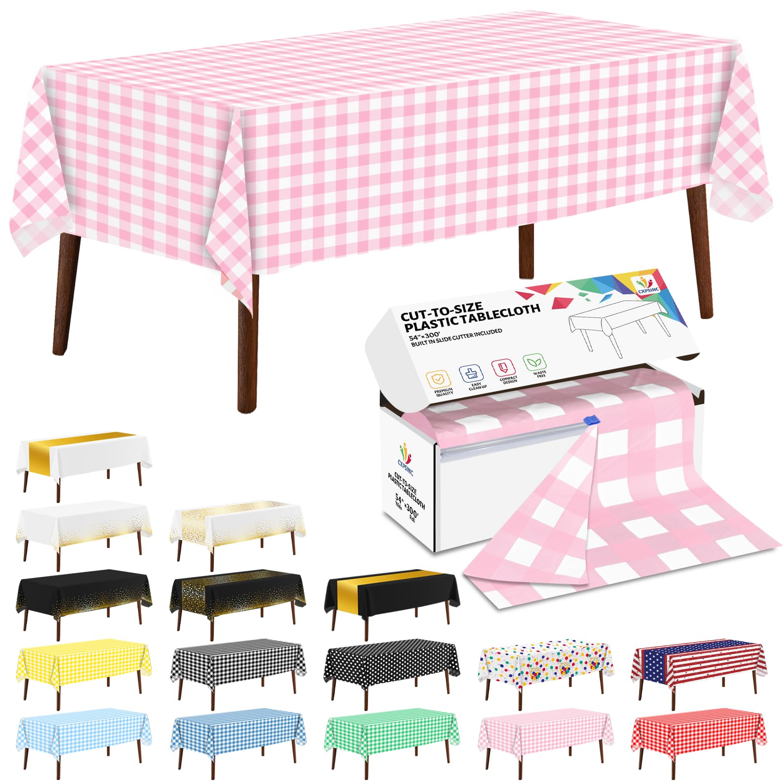 CXPSINC 54 Inch X 300 Feet Plastic Table Cover Roll Disposable Tablecloth with Slide Cutter for All Type/Shape Tables | Party, Banquet, Birthdays, Weddings(Pink Checkered, 300 Feet) โ image 1
