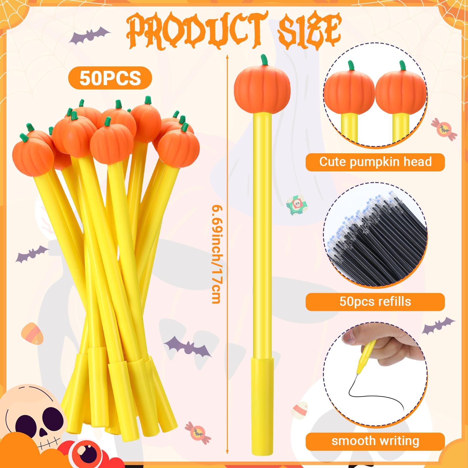 100-Pack Halloween Pumpkin Pens – 0.5mm Black Refill, Silicone Pumpkin Topper, Fun Fall & Thanksgiving Supplies