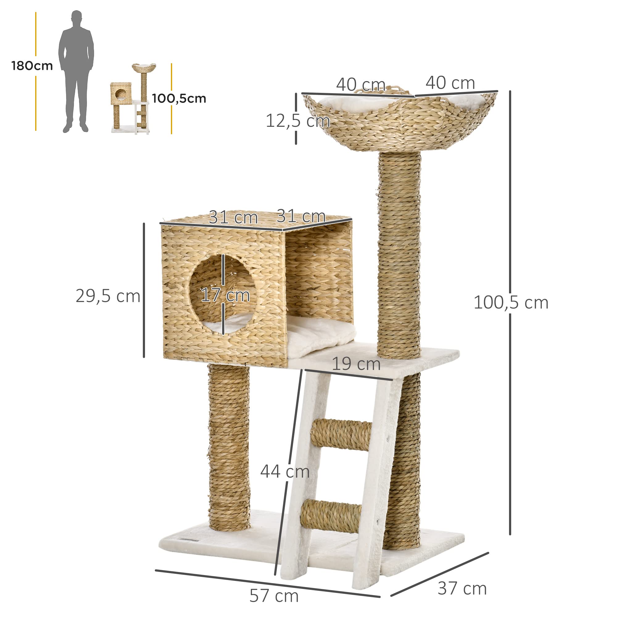 PawHut Arbre à Chat Arbre à Grimper Griffoir pour Chat Hauteur 100,5 cm | avec Coussins, Échelle, Centre d'Activités, Poteaux en Quenouille