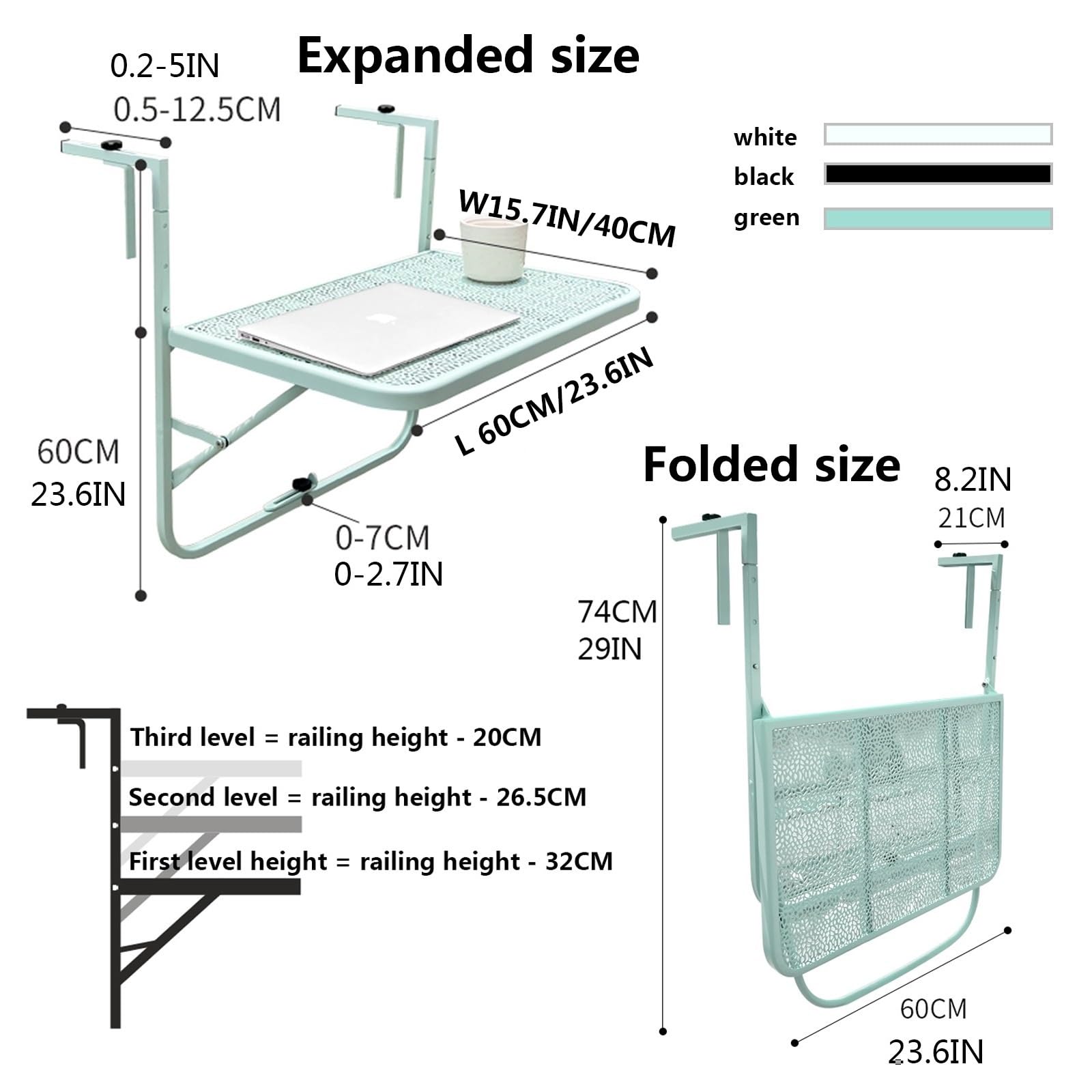 Tavolo Sospeso for Balcone,Tavolino Pieghevole da Balcone,Tavolo da Appendere a Sospensione di Ferro, Tavolo da Ringhiera Altezza Regolabile a 3 Livelli, Ferro, Nero(White)