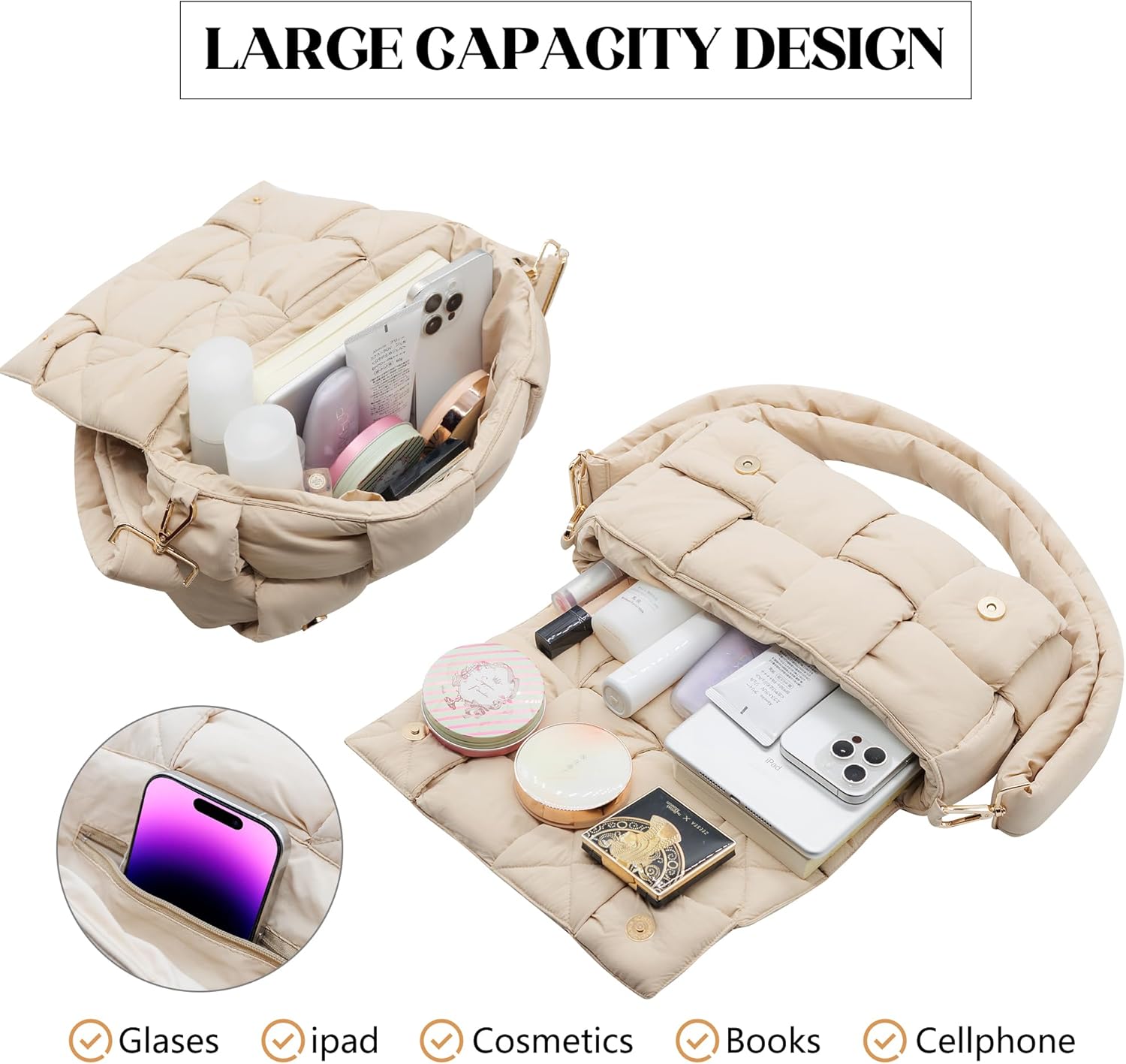 Puffer Woven Crossbody Bag Purse Handbags for Women, Quilted Hobo Carryall Bag Shoulder Bags with Adjustable Strap