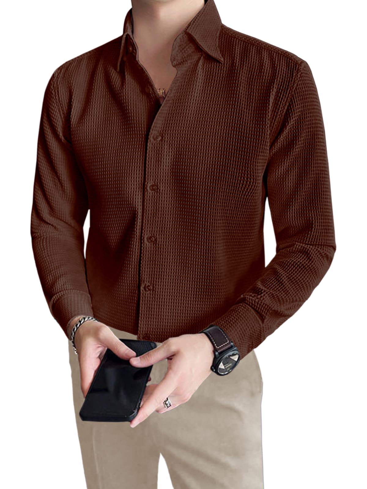 GRECIILOOKS Men's Formal Button Down Shirt – Slim Fit Shirt's for Men | Textured Long Sleeve Polycotton| Business & Meeting Ready (Available in Plus Size and Combo Pack of 2)