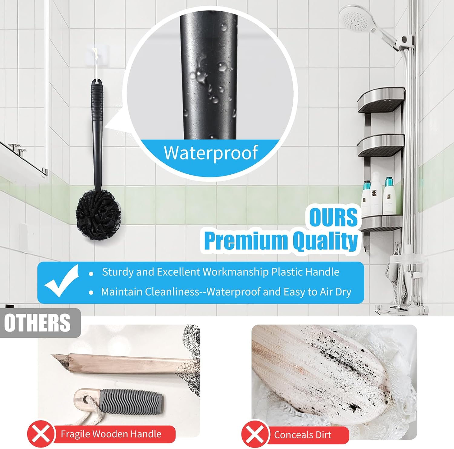 VANZAVANZU Loofah Sponge Set Loofah Exfoliating Body Scrubber, Anti-Slip Plastic 17" Handle Loofah on a Stick with Fluffy Shower Sponge, PE Soft Mesh Shower Loofahs-Black
