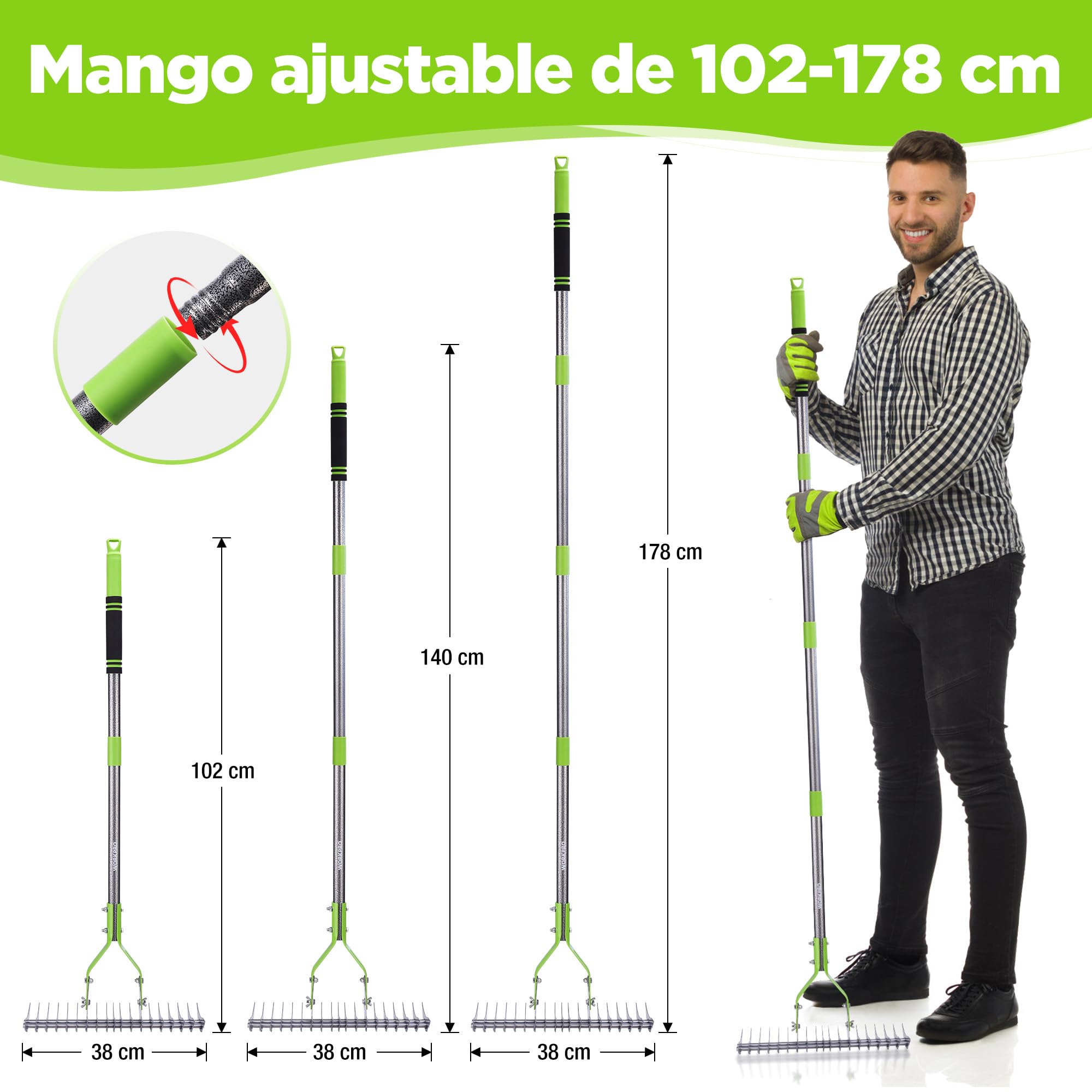 WORKPRO Rastrillo Escarificador para Césped 178 cm, Rastrillo Dethatcher Heavy Duty con Cabezal Ajustable y Mango Telescópico, para Eliminar Hierba Muerta, Restos de Corte y Aflojar el Suelo