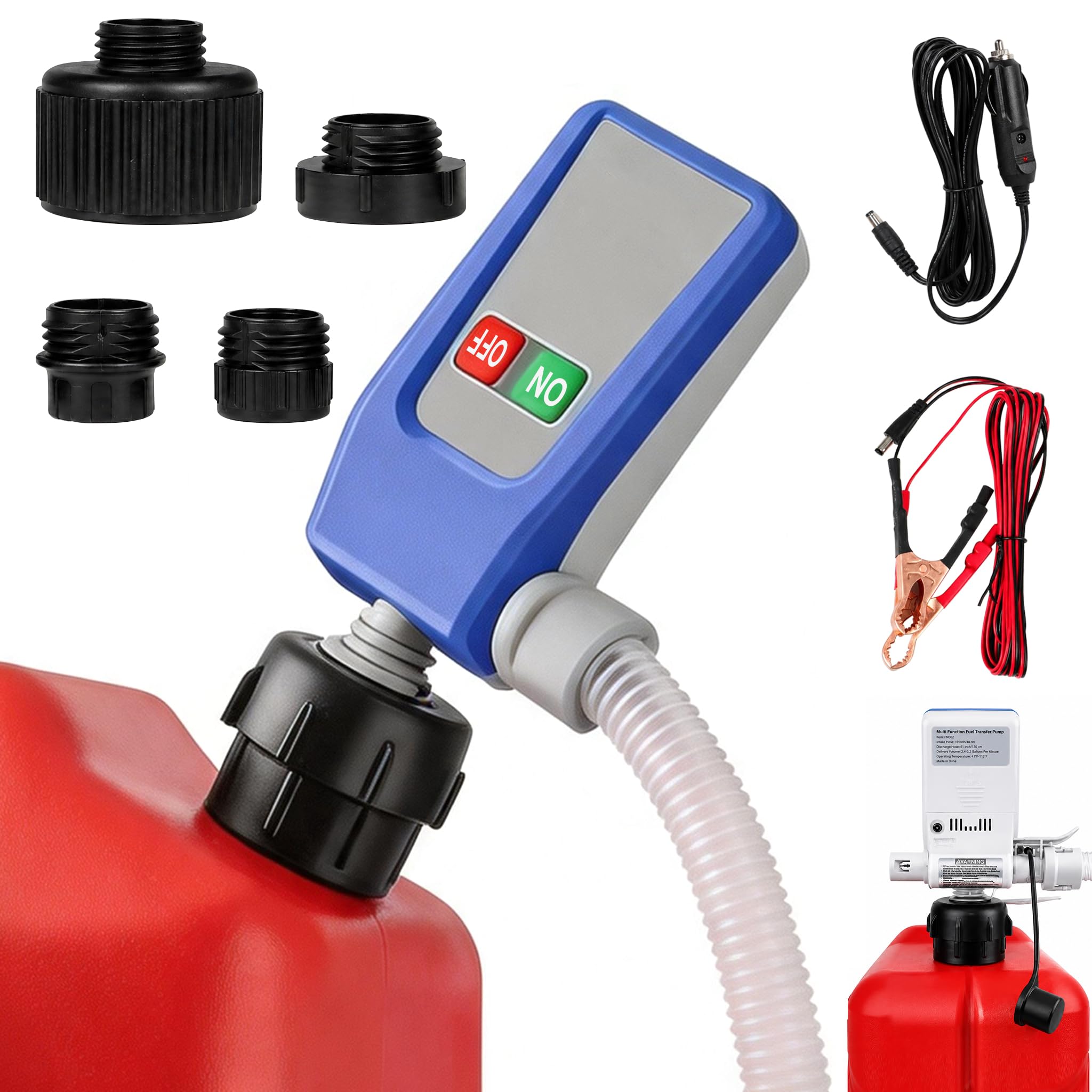 Pompa Travaso Gasolio con Sensore di Arresto Automatico, 2.8GPM Batteria e Ricaricabile Pompa Benzina, Portatili Pompa Carburante Elettrica, Pompa Aspira Benzina con Adattatore di 4 Dimensio