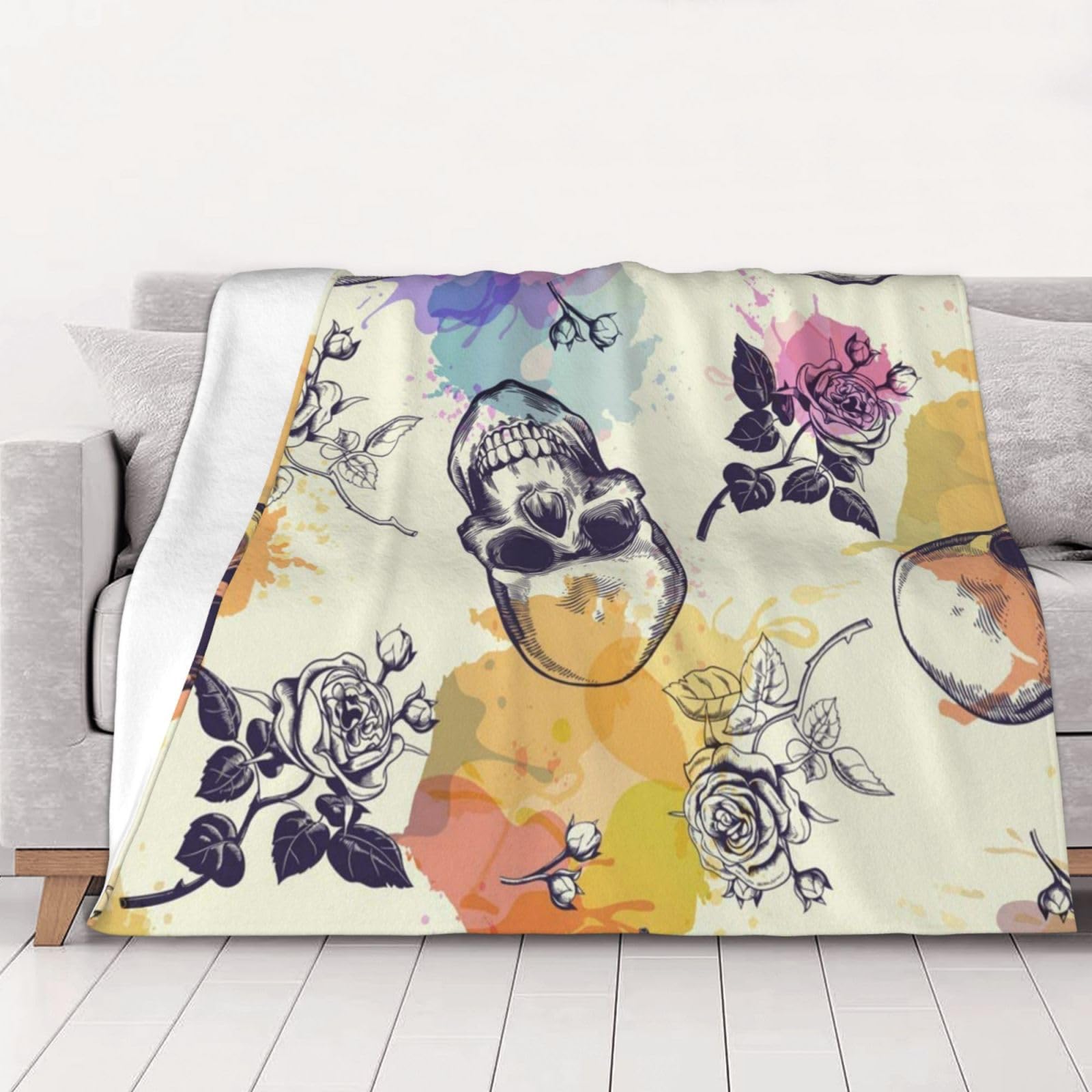 AUBKFELD Skull flower Printed Flannel Blanket 102x76 CM, Soft & Warm Throw Blanket for Sofa/Couch/Bed/Car, Gifts for Audlts Women Men
