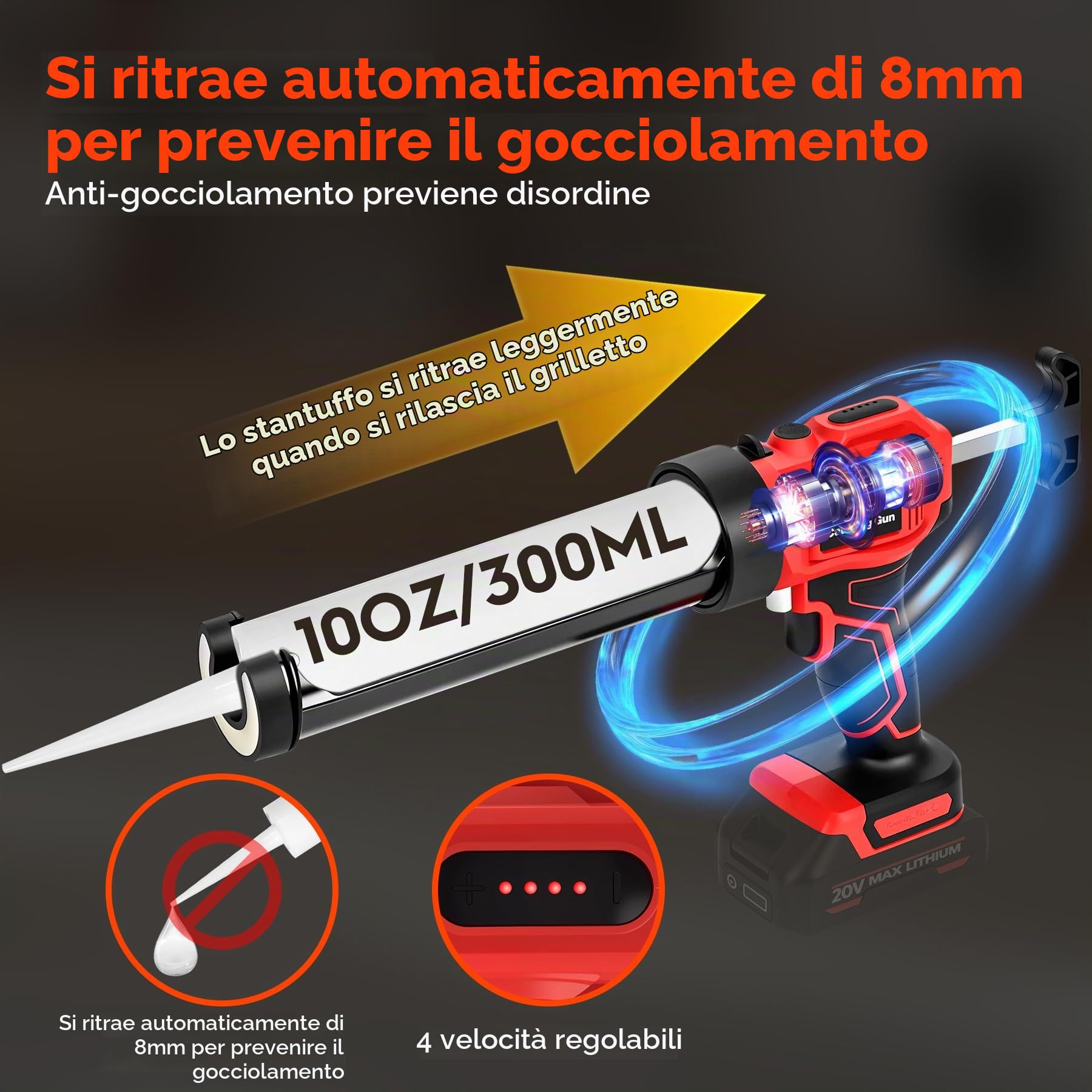 Pistola Silicone a Batteria Compatibili con Batteria 20V, 4 Velocità Pistola per Silicone Professionale da 300 ml con LED, Pistola Elettrica per Silicone da Max 2500 N (Batterie non Incluse)