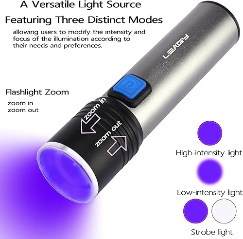 Miniatura 6 de LEAGY Paquete de 2 mini linterna UV recargable de 395 nm con USB, zoom, brillo ajustable para caza de escorpiones, detección de falsificaciones,