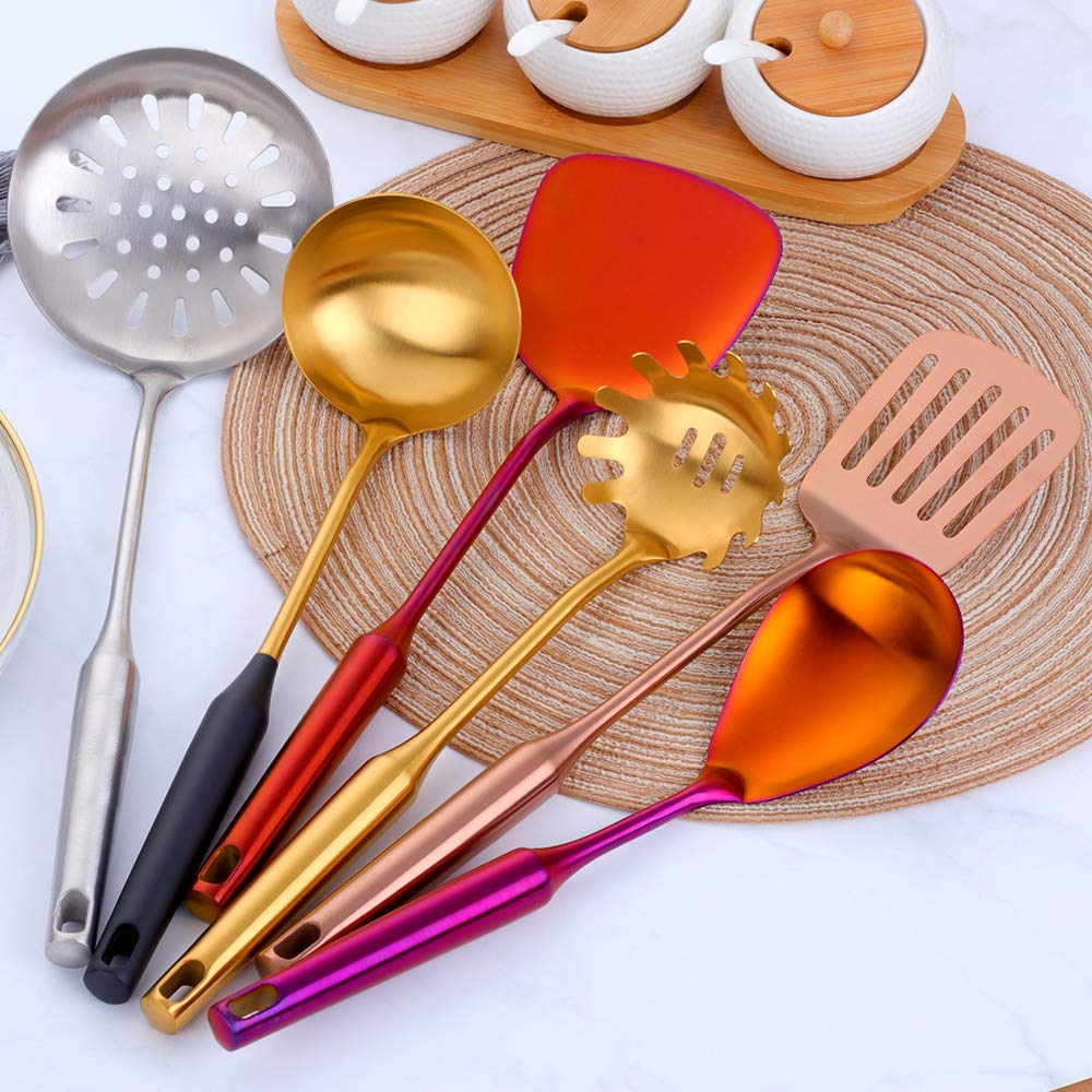 Ustensiles de cuisine 6 pièces acier inoxydable Écumoire Louche Spatule de Cuisine Tourneur à fente Riz Pasta Server avec support