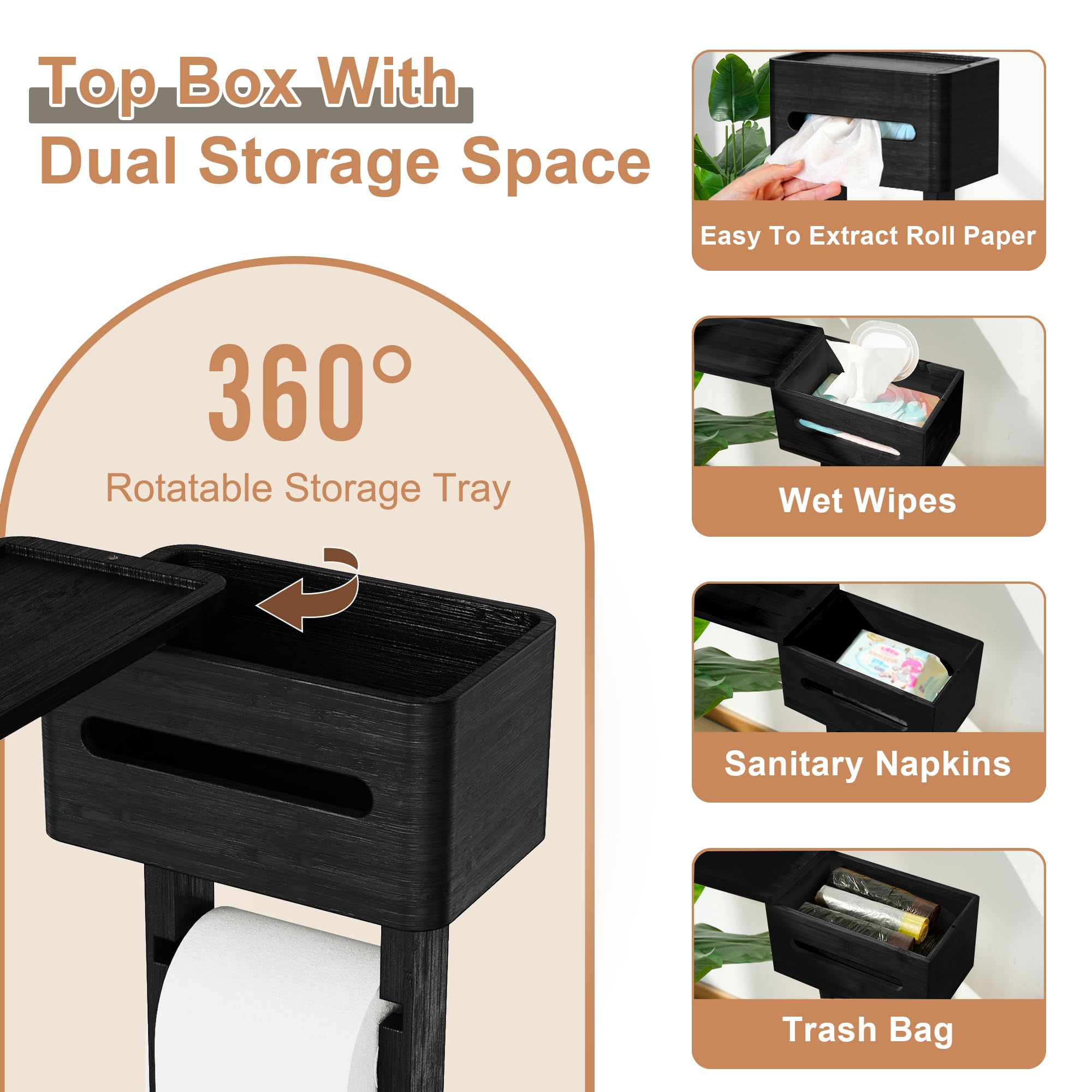 Bamboo Toilet Paper Holder Stand With Storage - Freestanding 6-Roll Organizer For Small Bathrooms