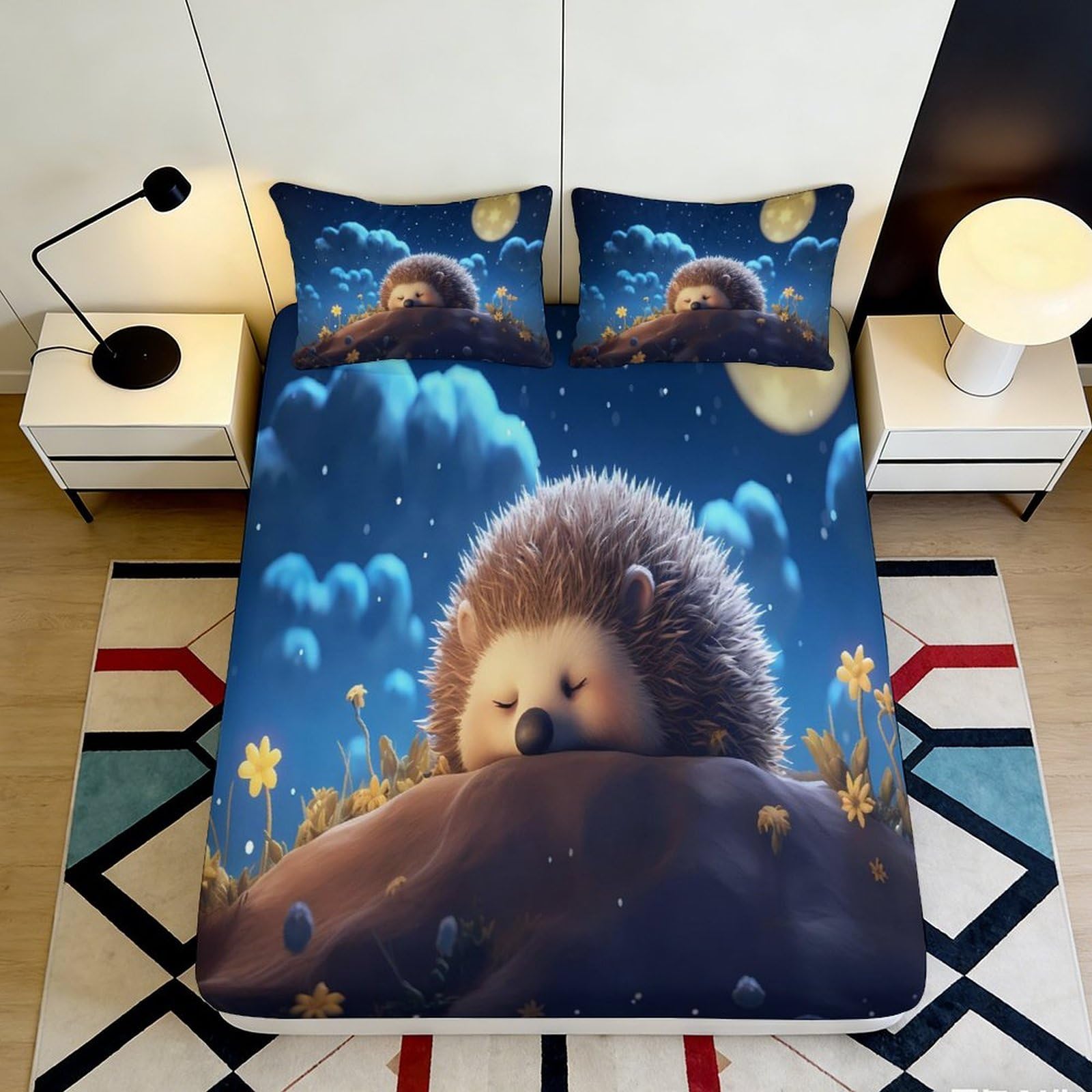 3D Printed Night Hedgehog Fitted Sheet Microfiber Deep Blue Moonlight Mattress Cover for Bedroom Decor Dorm Room 180x200x25cm