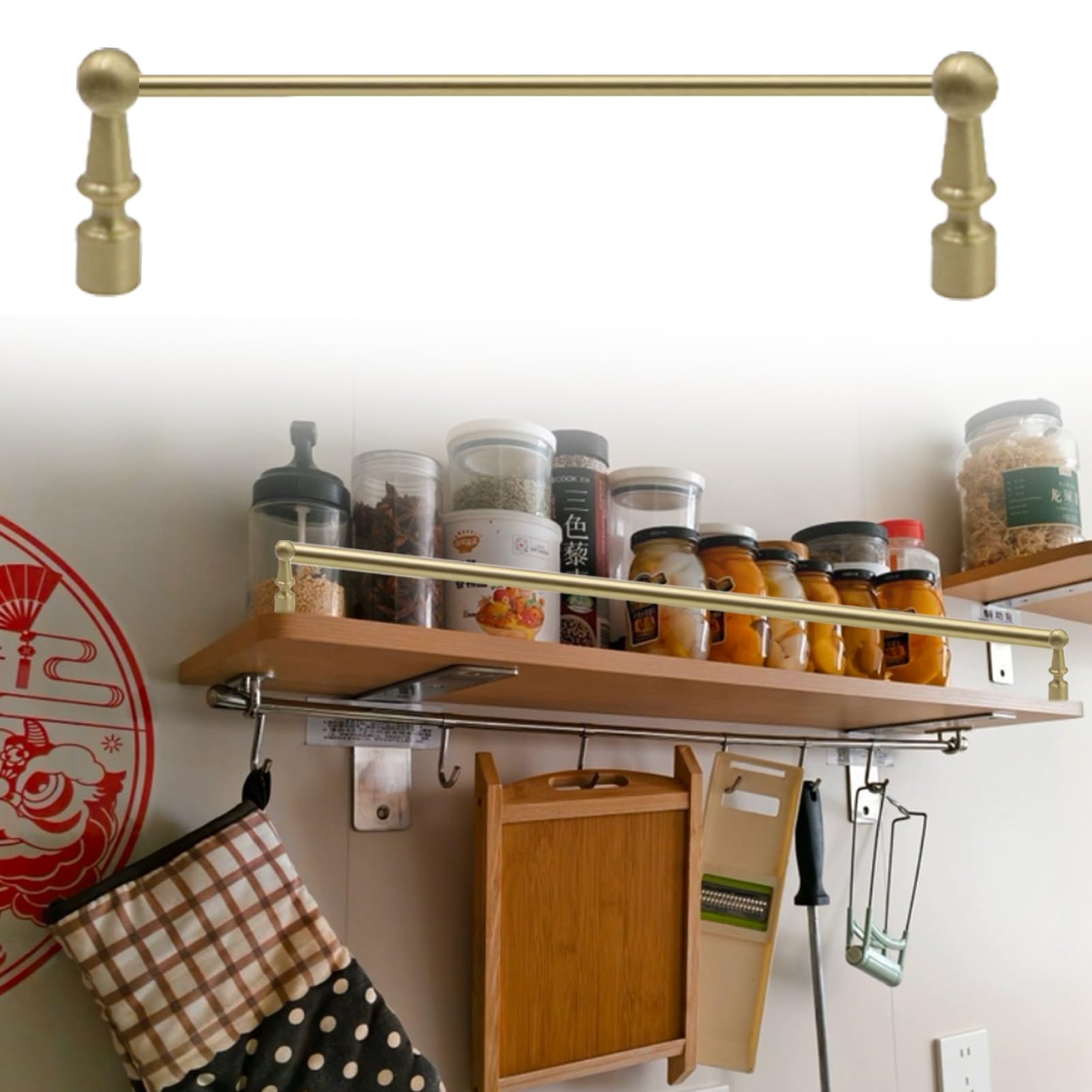 Gold Shelf Plate Rail with Spindles for Kitchen Cabinet Shelves, Brushed Brass Cabinet Shelf Rail 12 inch 24 inch 16 inch, Gallery Rails Kit for Shelves(11.5inch/29cm)