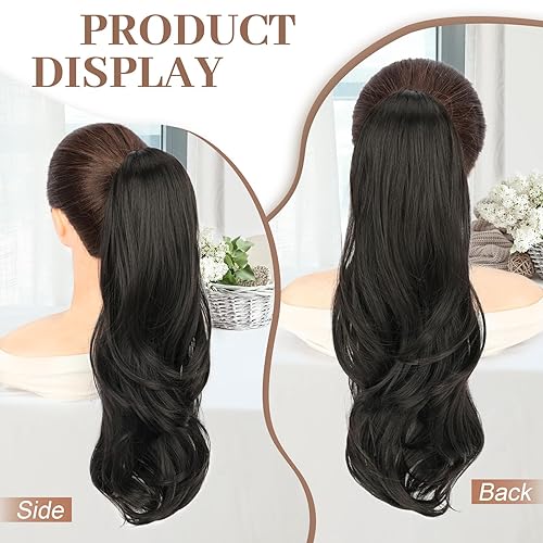 Miniatura 4 de KooKaStyle Extensiones de cola de caballo, 22 pulgadas, color negro natural, largo, ondulado, con clip, extensiones de cabello sintético en capas