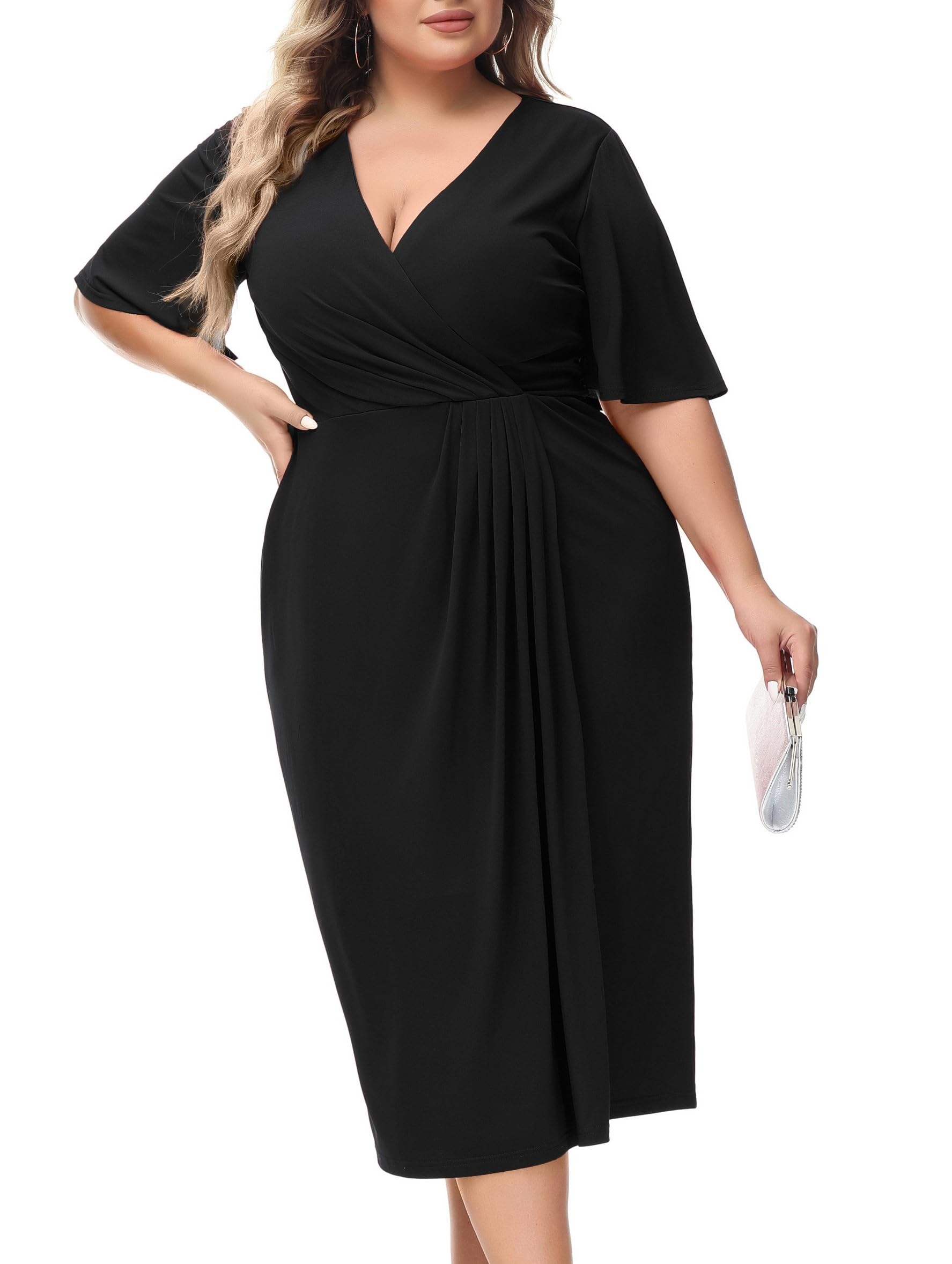 Hanna Nikole Vestido de talla grande para mujer, sexy, cuello en V, vestido de cóctel, manga acampanada, vestido formal ajustado