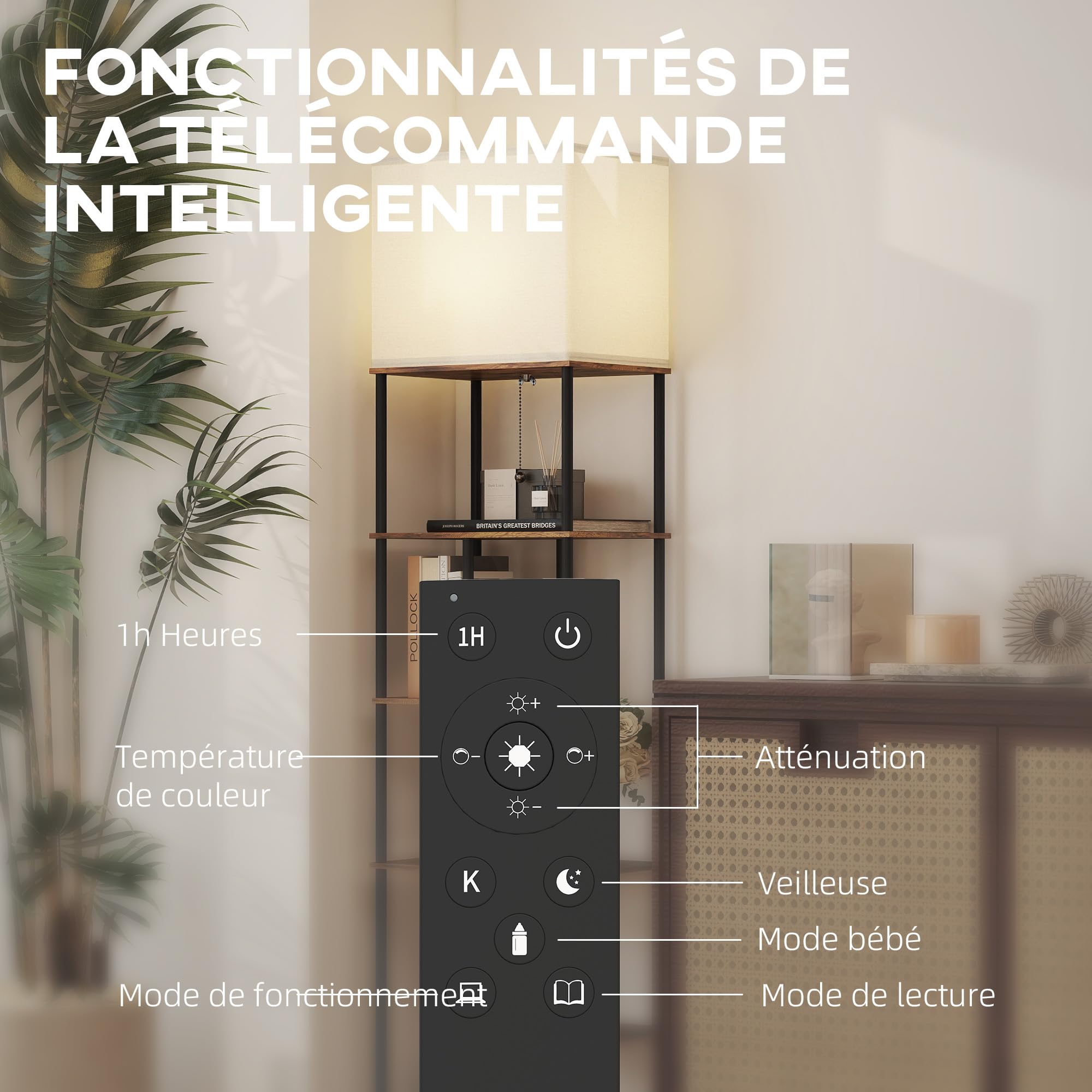 HOMCOM Lampadaire avec étagères LED Dimmable 3000K-6500K Brun Rustique