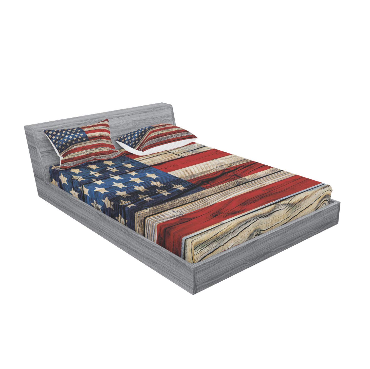 Ambesonne 4th of July Fitted Sheet & Pillow Sham Set, Wooden Planks Painted as United States Flag Patriotic Country Style, Decorative Printed 3 Piece Bedding Decor Set, Queen, Red Beige Navy Blue