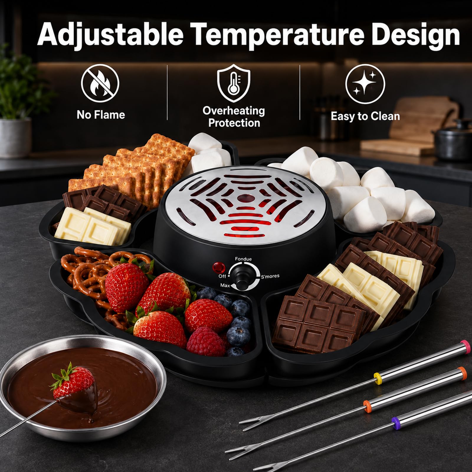 Set 2 en 1 de S'Mores y Fondue, Tostador sin Llama con 3 Niveles de Calor