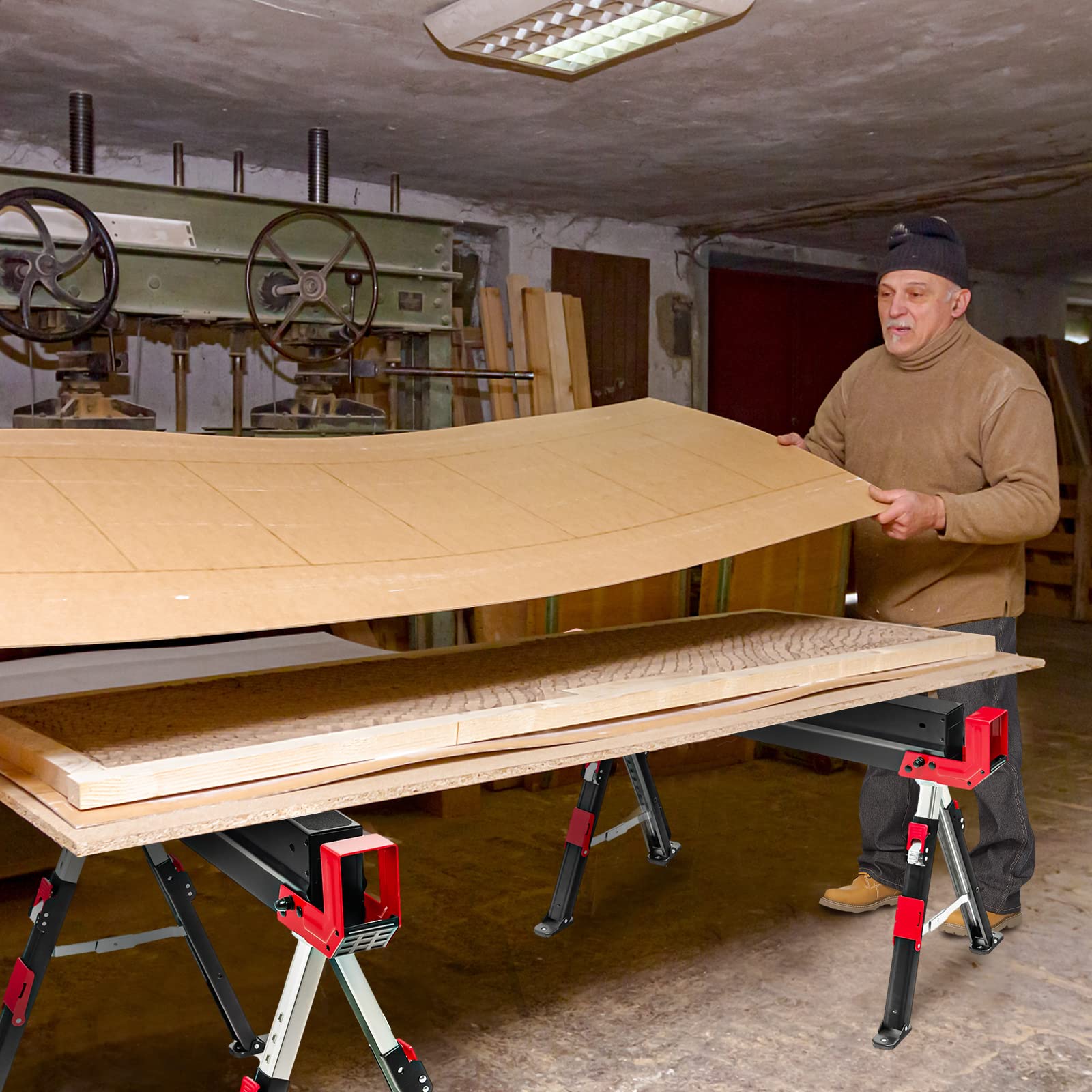 GYMAX Lot de 2 Tréteaux Pliable en Métal, Charge Max 1180kg, Hauteur Réglable 62-83cm, Chevalet de Sciage avec Bras Chevilles de Support de Bois (Rouge)