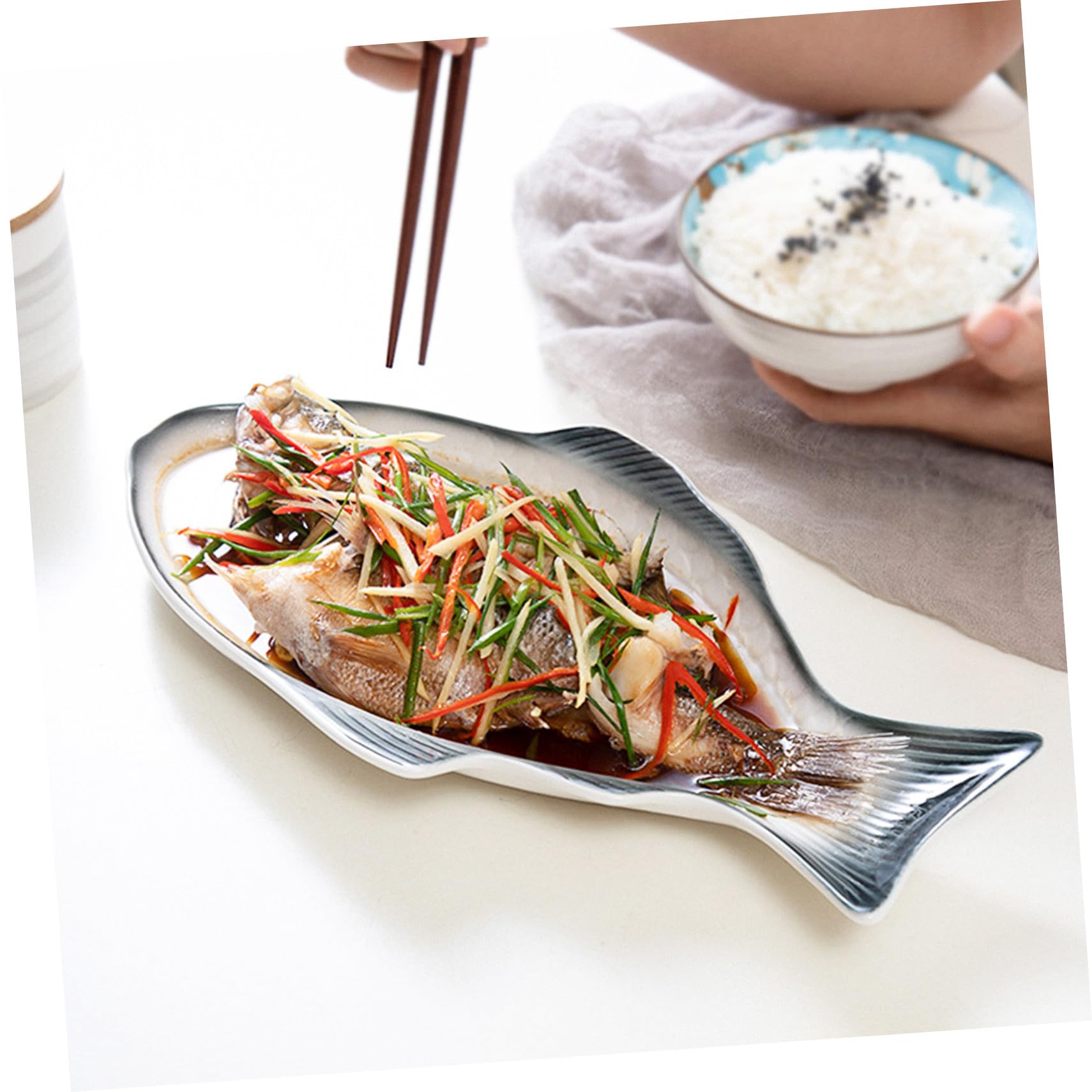 COLLBATH Bandeja de Cerámica para Pescado Forma de Pez, Elegante y Delicada, Adecuado para Servir Mariscos y Aperitivos en Casa o Eventos