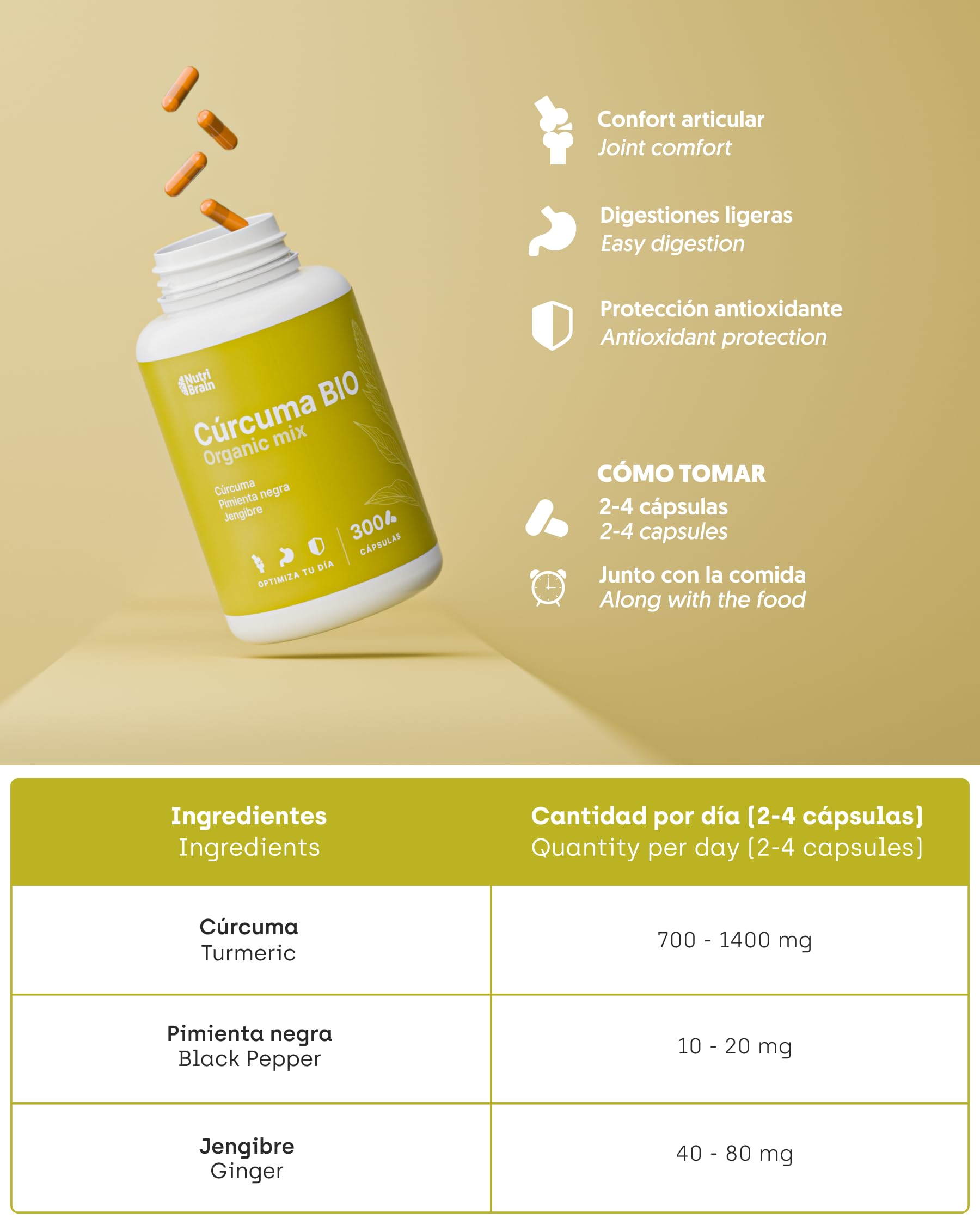 Cúrcuma con Pimienta Negra y Jengibre BIO | 300 Cápsulas | Fórmula Ecológica y Vegana | 1400 mg | Curcumina + Piperina con Alta Absorción | Formato XXL | Antiinflamatorio, Articulaciones y Digestión